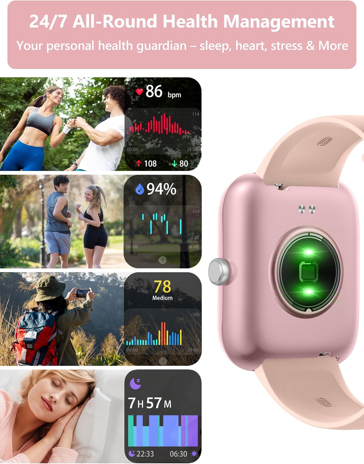 KALINCO Smart Watch Women [2 Bands, 44mm case] Alexa Fitness Tracker, Heart Rate, Sleep, Stress & SpO2 Monitor, IP68 Waterproof Smartwatch, Make/Answer Calls, Compatible with iPhone & Android Phones Pastel Pink image 4 of 9 B0F32DJHR3