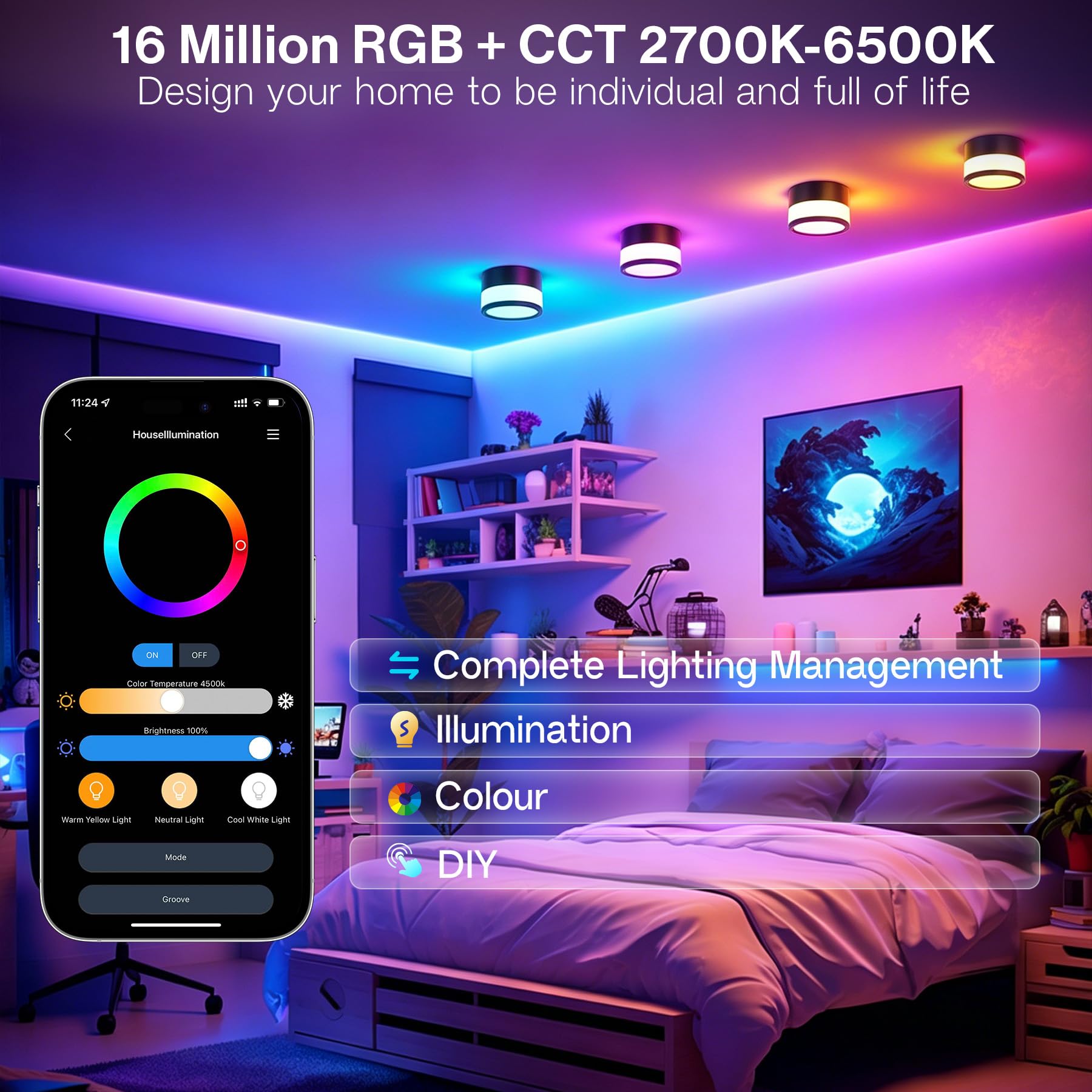 2x Faretti da Soffitto LED RGB Dimmerabile, IP65 Plafoniere Faretti led soffitto con telecomando APP, Plafoniera da soffitto 12W Nero 2700K-6500K, Piatto,Alluminio,230V,Rotonda,luce da bagno,Ø10,9cm