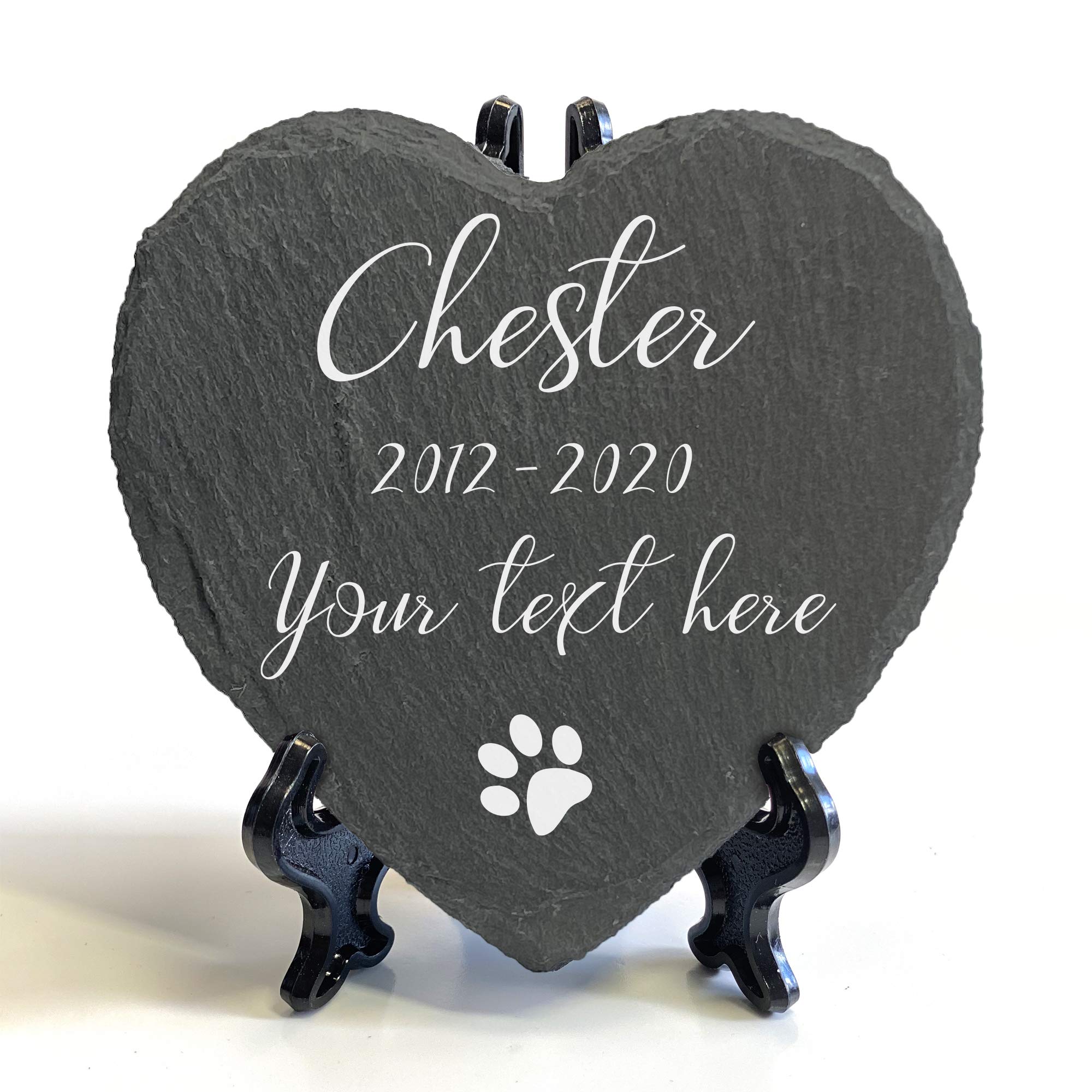 TULLUN Personalised Memorial Heart Shape Plaque + Black Stand For Pet Cat Dog Slate Stone Rock Frame Paw Grave Marker - Custom Text - Size | 4" x 4" or 10 x 10 cm | — image 1