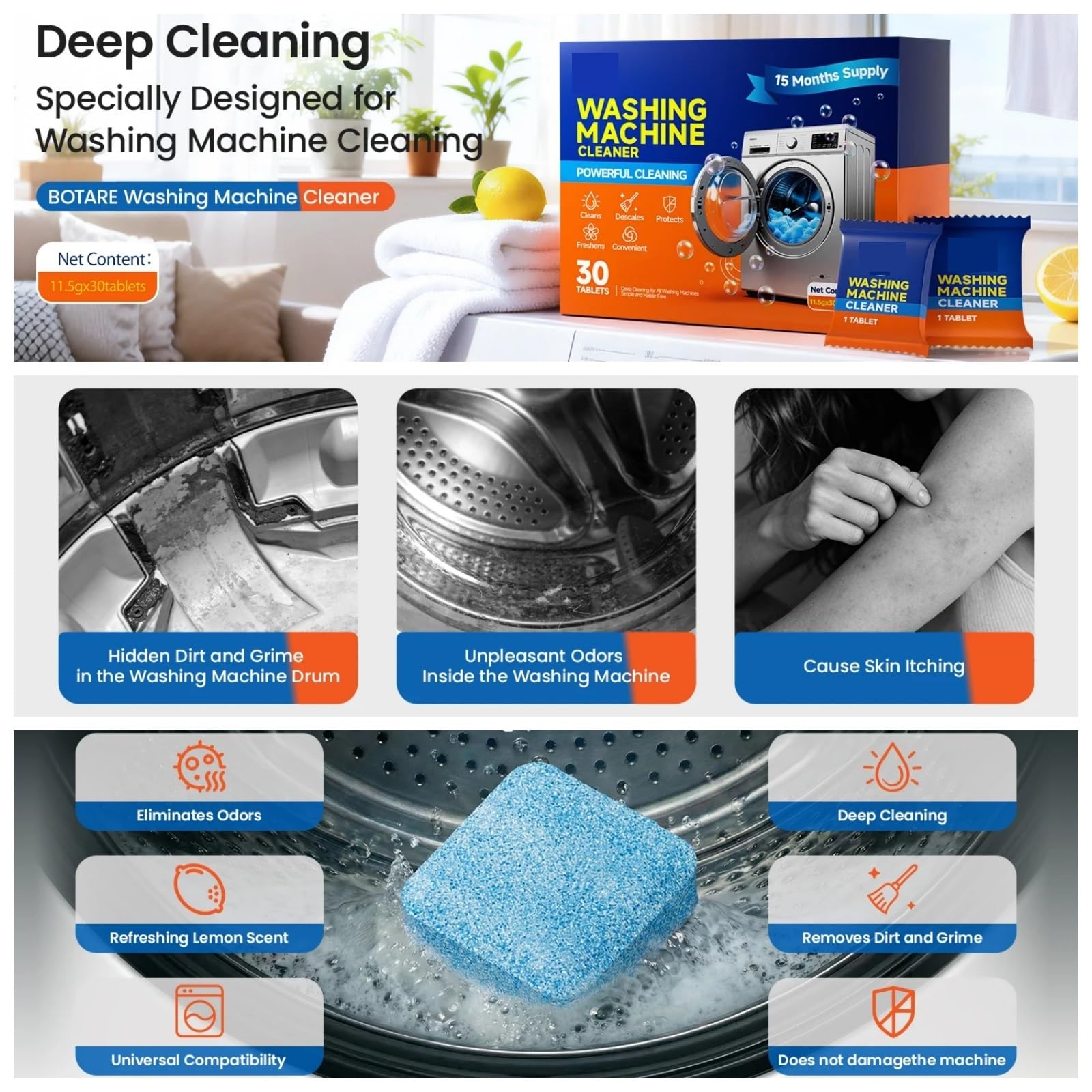 washing machine cleaner tablets Waschmaschinenreiniger-Tabletten mit Zitronenduft, 30 Stück