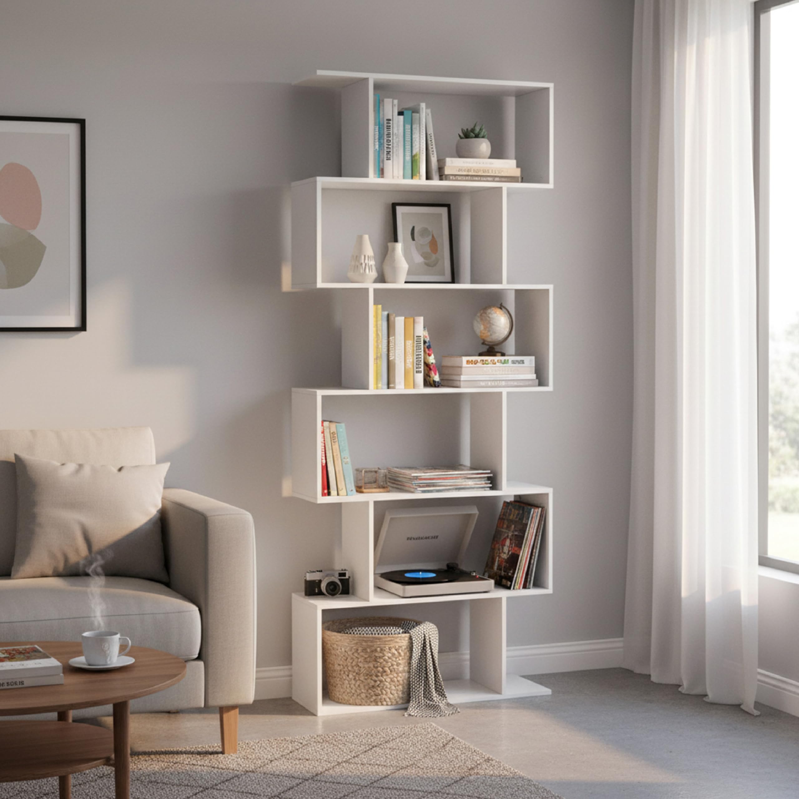 Baroni Home - Estantería de Diseño Moderno, Estantería Vertical en Zigzag, Estantería para Libros para Salón, Dormitorio, Oficina, Montaje Fácil, 24x70x191 cm, 6 Estantes Blanco