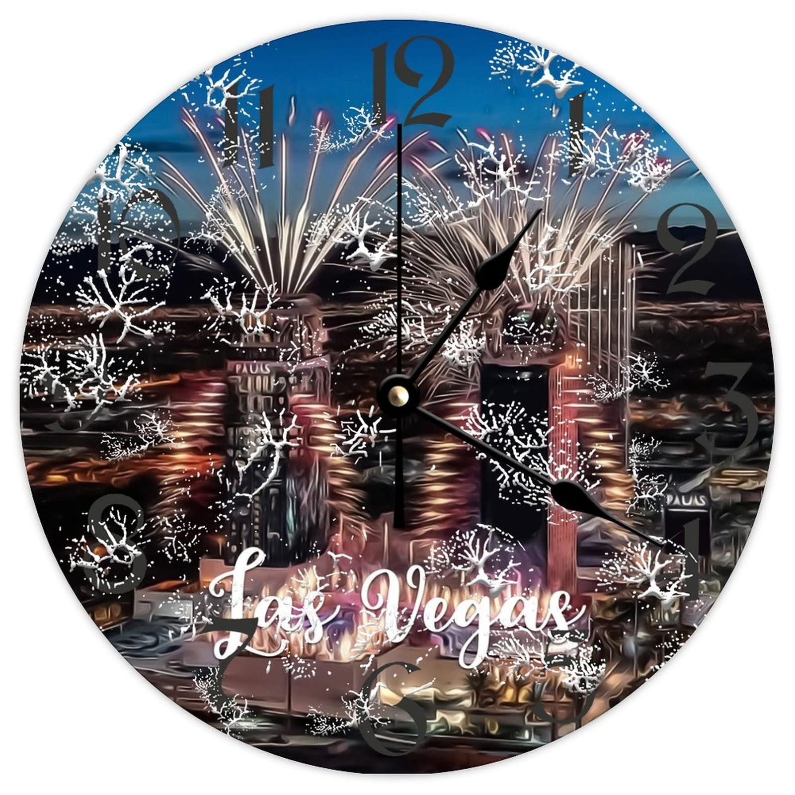 Horloge murale ronde en bois vintage à quartz de 38cm, décoration murale rétro style Las Vegas