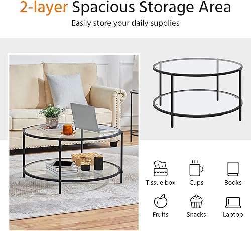 Miniatura 8 de Yaheetech Mesa de centro redonda de vidrio de 2 niveles para sala de estar con estante de almacenamiento, mesa central de vidrio moderna de 36