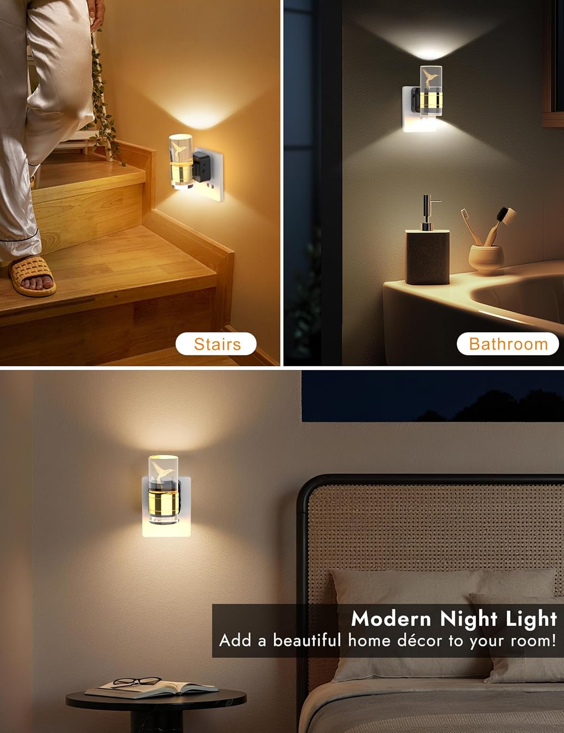 Night Lights Plug into Wall, 3 Color Temperature Nightlight, 0-100 LM Dimmable LED Night Light, On/Off Light Sensor by Switch, 180° Rotating Plug in Night Light for Bathroom Hallway Home Decor 2 Pack