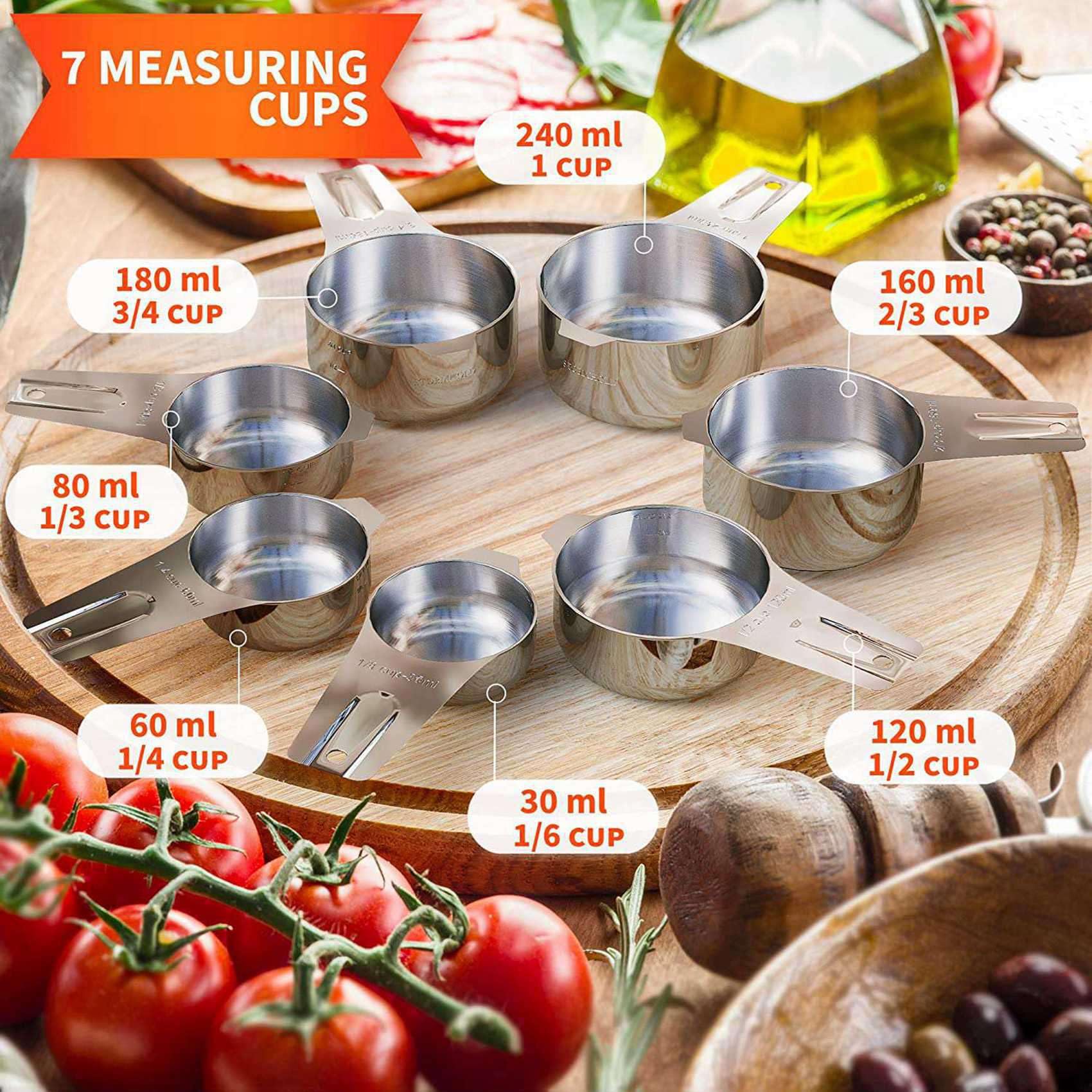 Juego de 28 Tazas, Tazas y Cucharas Medidoras de Acero Inoxidable, 14 Tazas Anidables y 14 Cucharas Apilables Portátil Profesional