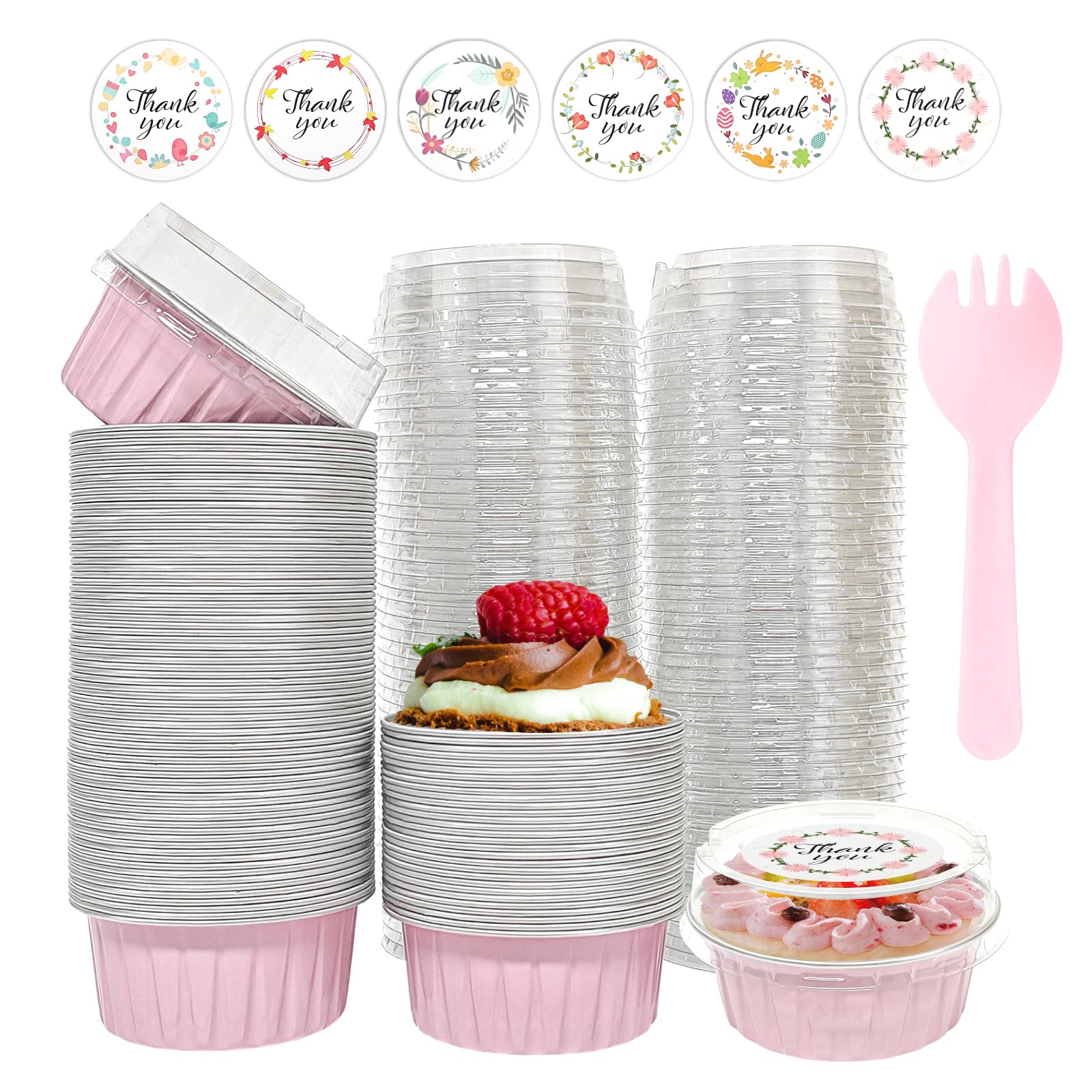 100 PCS Aluminium Foil Baking Cups, Mini Cake Pans with Lids and 100 PCS Spoons, 5 oz Disposable Baking Cups Foil Ramekins For Party Birthday Wedding Valentines (Pink)