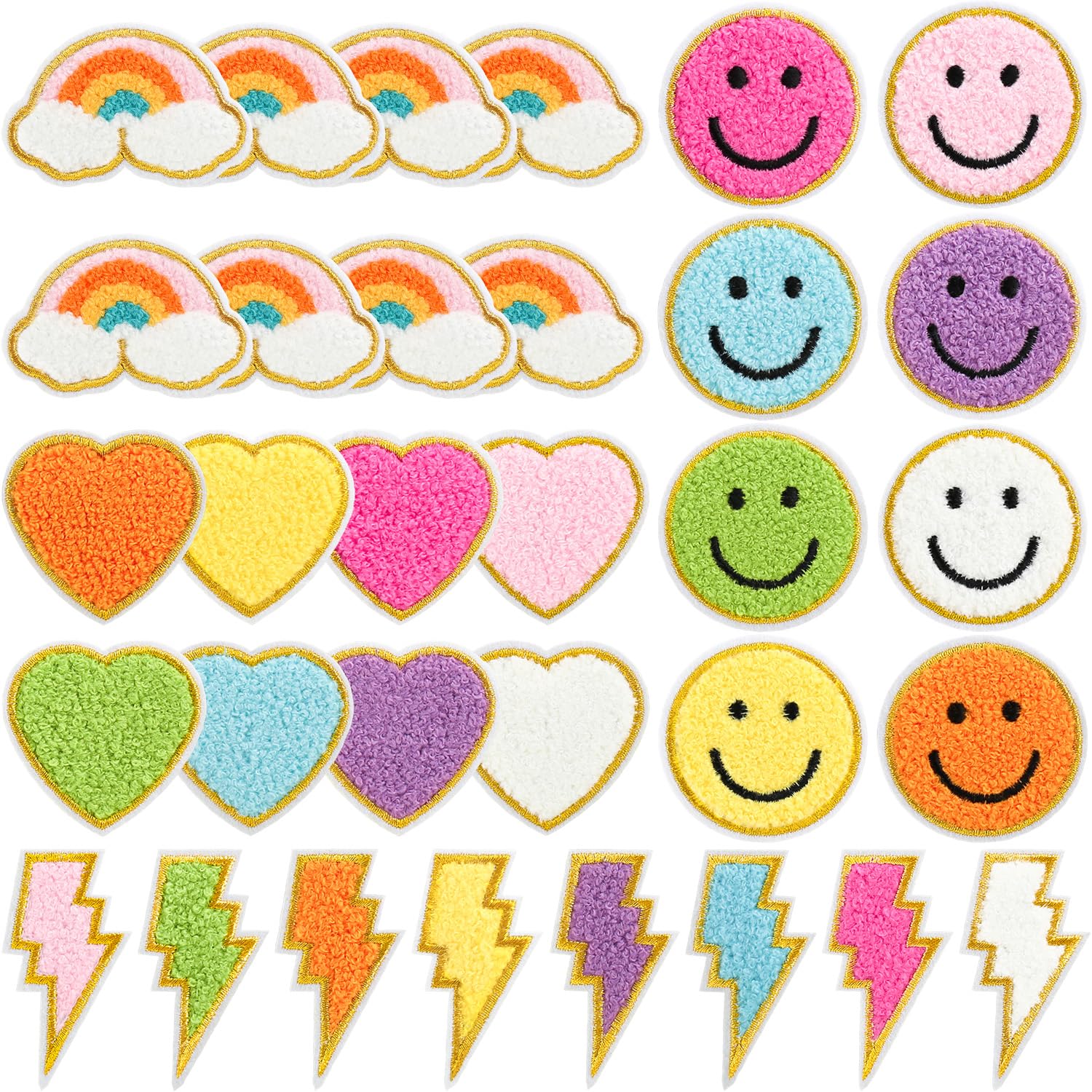 32pcs Colorful Chenille Embroidered Patches Preppy Iron on Patches for Girls Cute Glitter Lightning Bolt Sew on Applique DIY Craft Accessories for Backpacks Clothing Jackets Hats — image 1