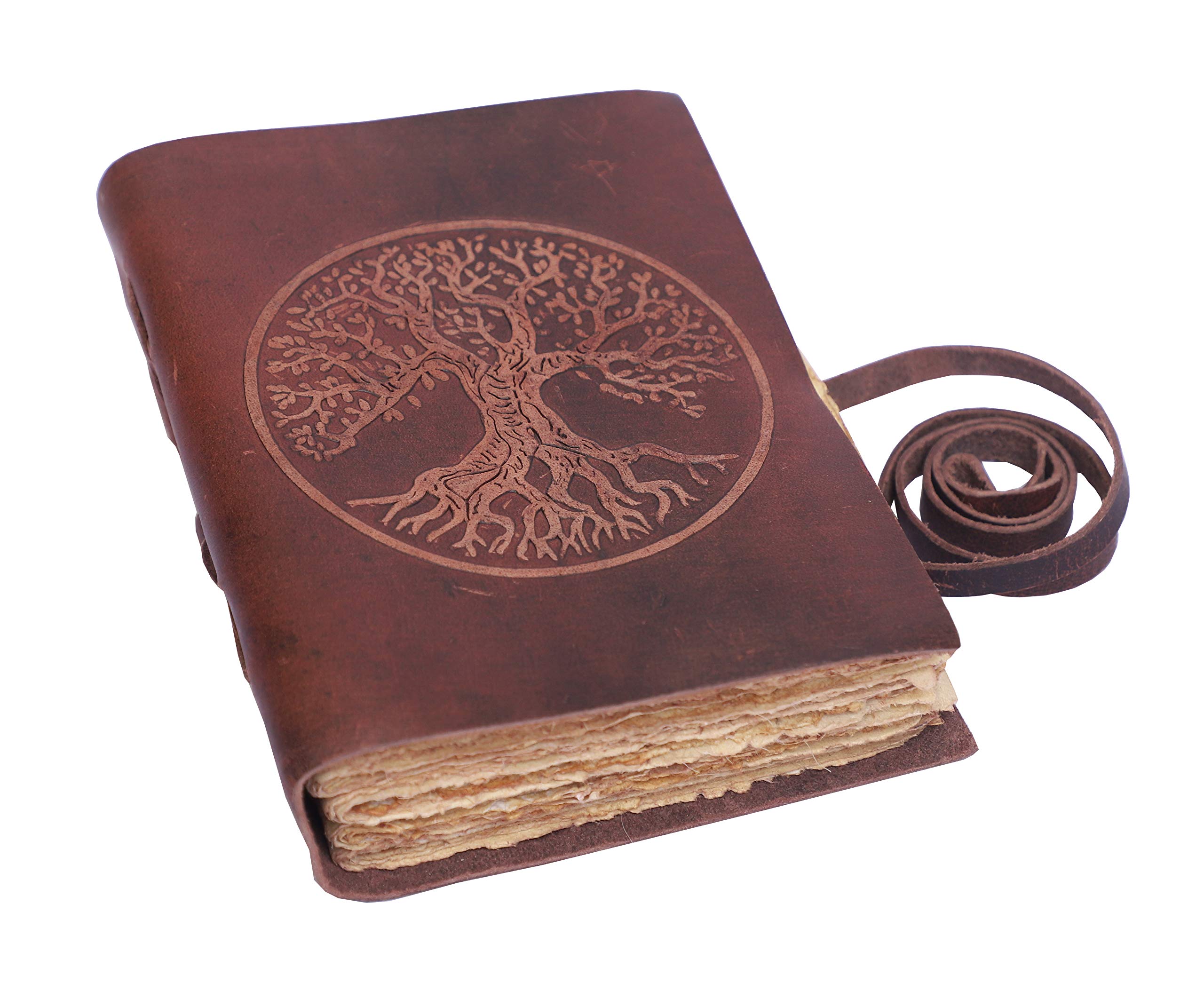 Leder-Tagebuch für Sie und Ihn, Leder-Skizzenbuch – Gebundenes rundes Lebensbaum, Vintage, altes Papier, Büttenrand, 200 Seiten, Tagebuch, blanko, handgefertigt, 17.8x12.7 cm