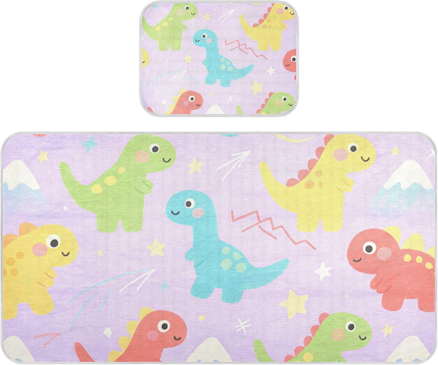 Cute Cartoon Dinosaur Purple Cooling Baby Mattress pad Protector 28" x 52" Absorbent Pads Washable Waterproof for Baby&Toddler