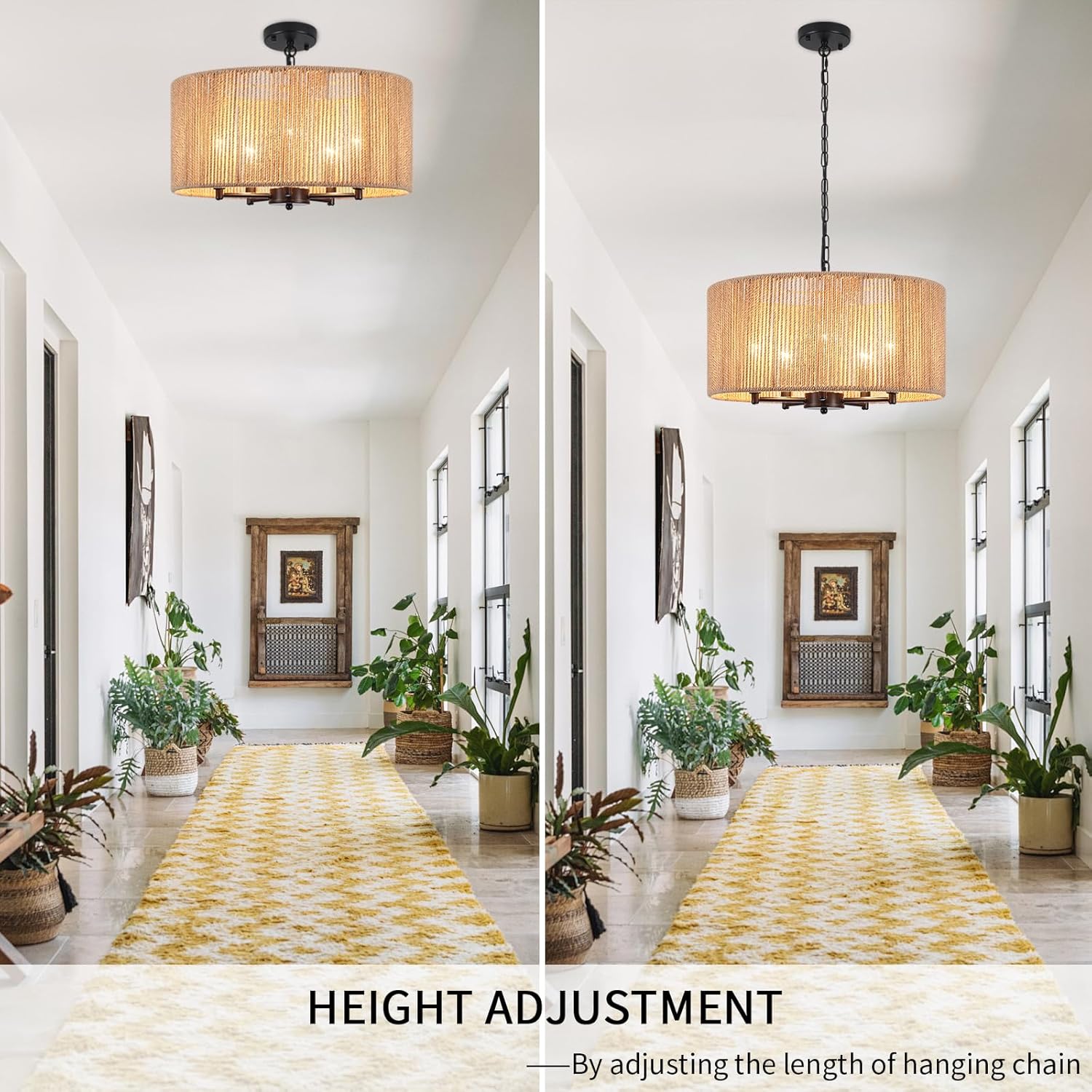 LASENCHOO 5 Lights Boho Drum Chandeliers for Dining Room Light Fixture, 19" Woven Pendant Light Fixture Hanging Bohemian Chandelier for Living Room Kitchen Entryway Hallway Bedroom, Height Adjustment