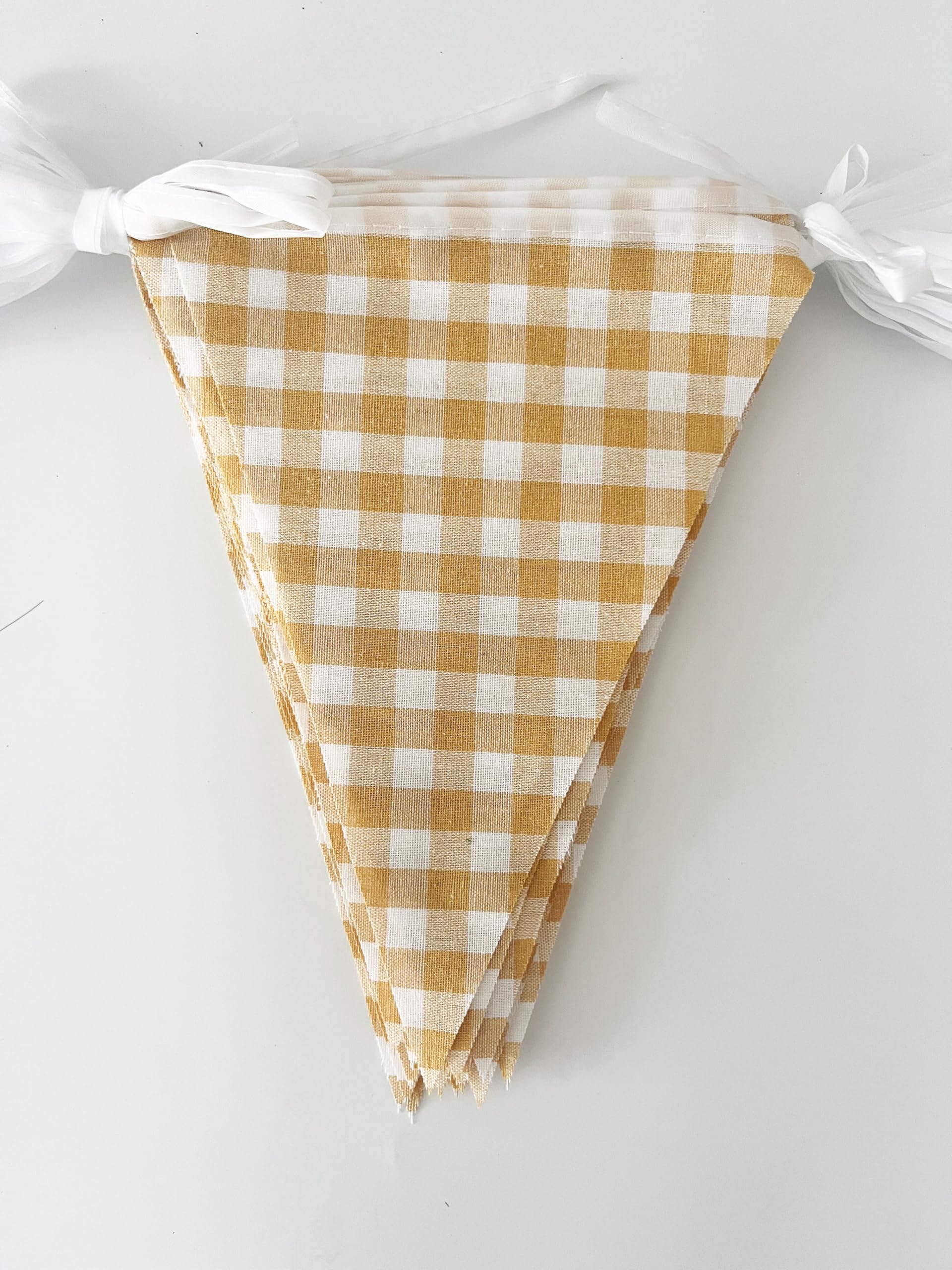 Photo 1 of 16 Meters 52ft Yellow White Cotton Checkered Banner Double Sided Fabric Gingham Pennant Bunting Triangle Flags Party Decoration for Picnic Birthday Carnival