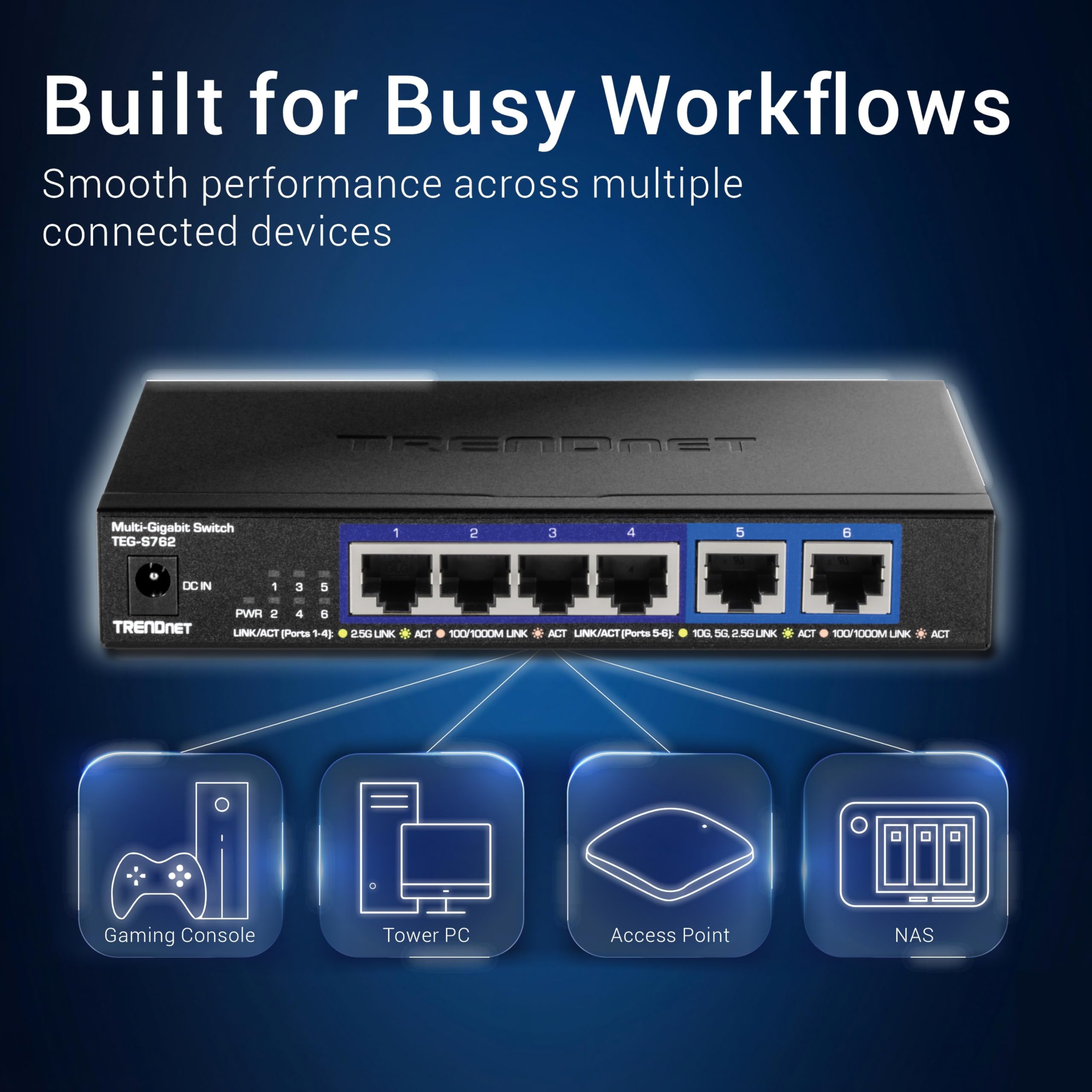 TRENDnet, TEG-S762, Conmutador de 6 Puertos 10G, 4 Puertos 2.5G RJ-45 Base-T, 2 Puertos 10G RJ-45, Capacidad de conmutación de 60 Gbps, Montaje en Pared, Conexiones de Red de 10 Gigabit, Negro