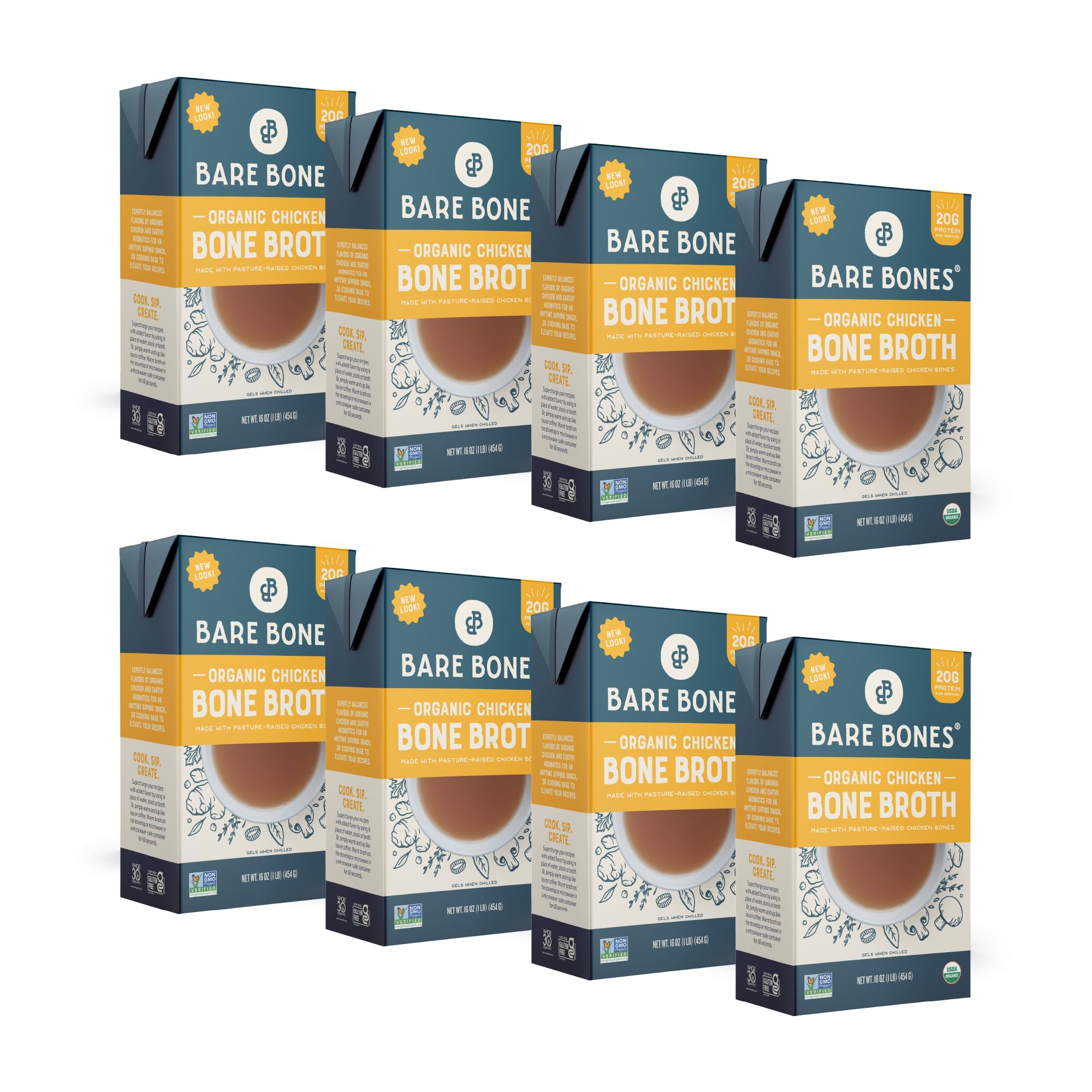 Bare Bones Organic Chicken Bone Broth | Pour w/Pasture-Raised Protein & Collagen for Cooking & Sipping | No Artificial Flavors Non-GMO Gluten &