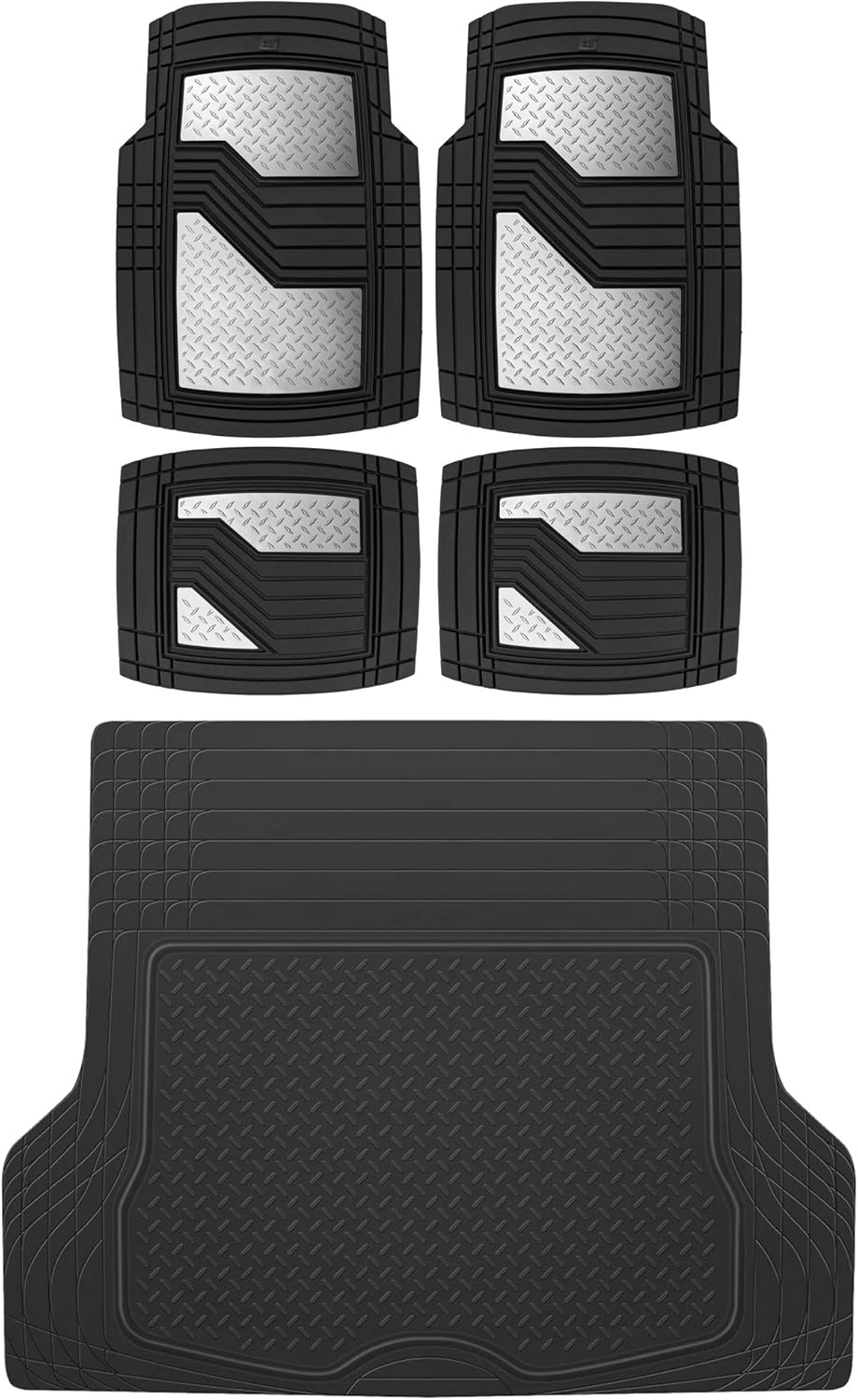 BDK CAT® Heavy Duty All Weather Tough Rubber Car Floor Mats, Metallic Design Floor Mats, Universal Fit Trim-to-Fit 4-Piece Front & Rear Set with Trunk Cargo Mat Liner for Cars Trucks Sedans SUVs Vans
