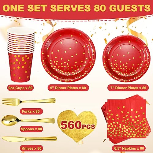 Miniatura 2 de Sieral 560 piezas de suministros de fiesta rojos y dorados para 80 invitados, platos desechables de papel rojo, servilletas, vasos, tenedores de