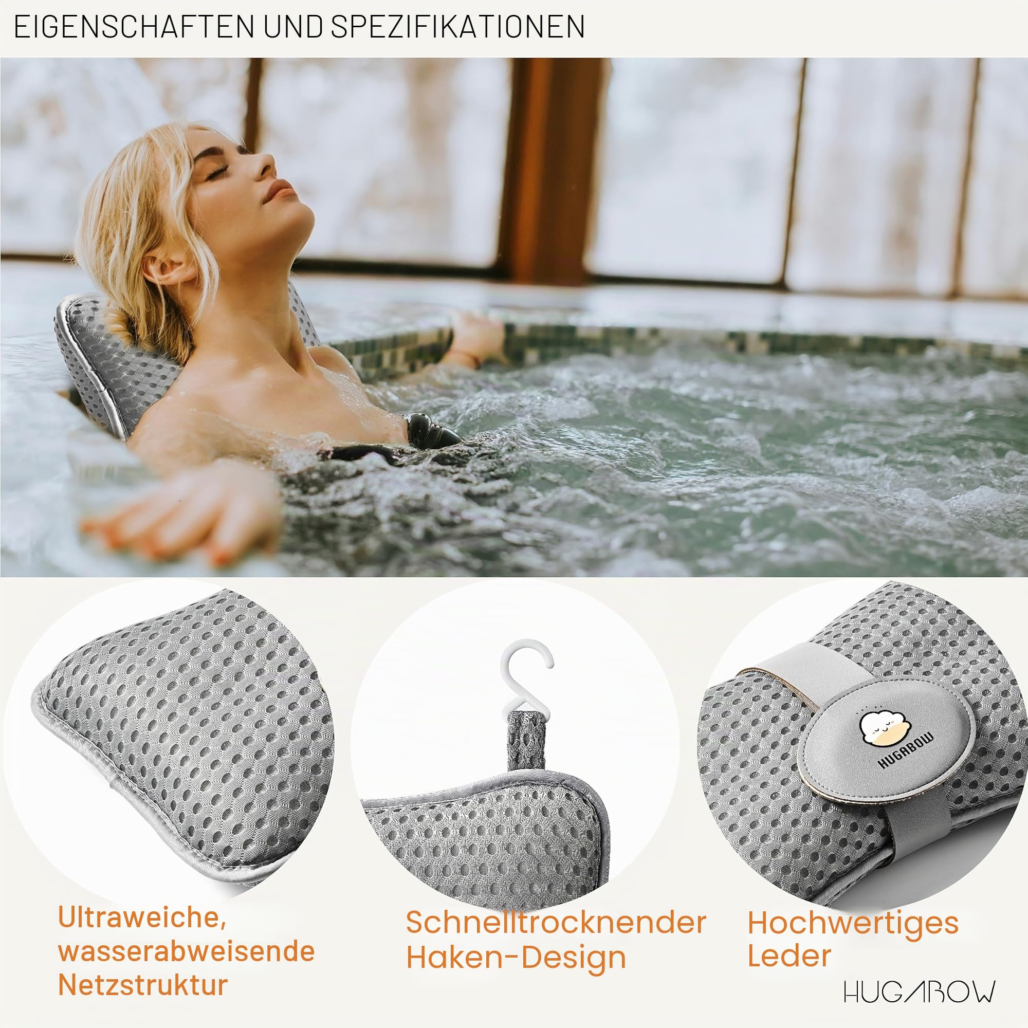 Großes Kissen für Whirlpool (grau), Spa und Chaiselongue – Universal-Kopfstütze und Nackenstützkissen, höhenverstellbar mit langem Gurt, einfaches Trocknen mit Haken, 2 Stück