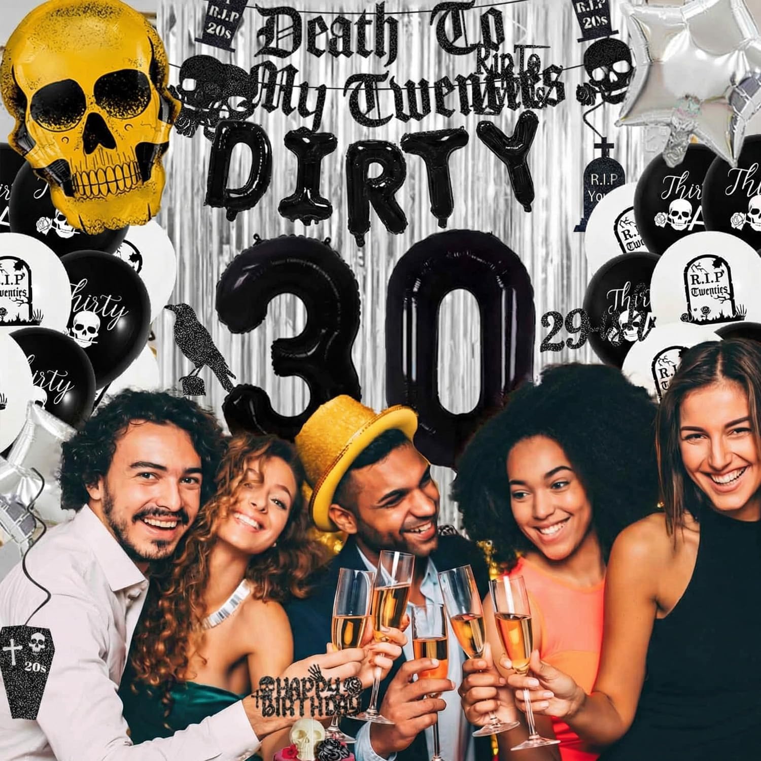 Dirty 30th Birthday Decorations Black Death to My Twenties Decorations, Funeral for my Youth, RIP 20s Birthday Banners 30th balloons,Cake Topper,Sash Man’s Happy Birthday Decorations for Her Him - Image 3