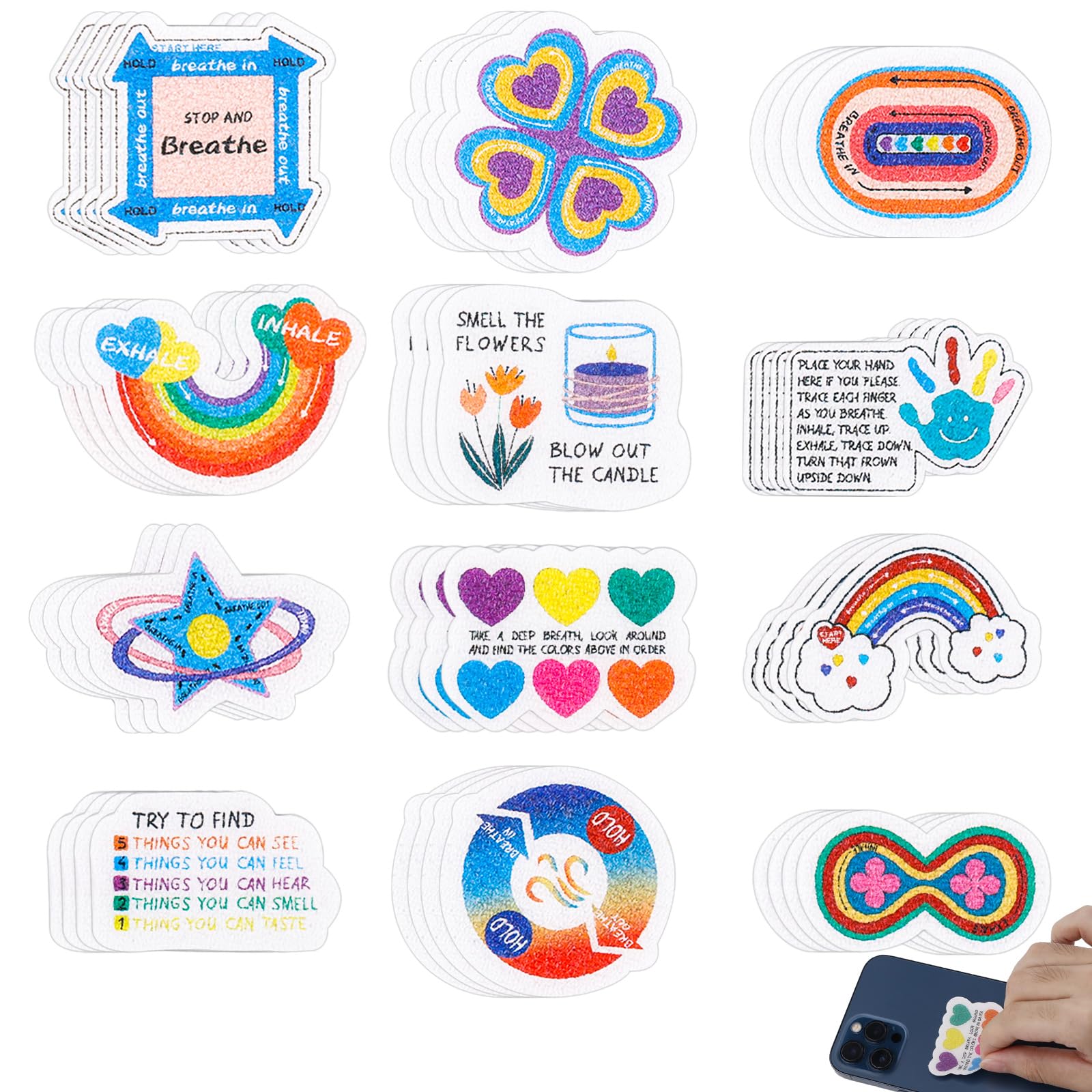 48pcs Sensory Calm Strips, Fidget Textured Sensory Strips Sensory Stickers with Rough Tactile Adhesives Calm Stickers for Reduce Stress Phone Water Bottle Desk Adults Teens School Office(Cute)