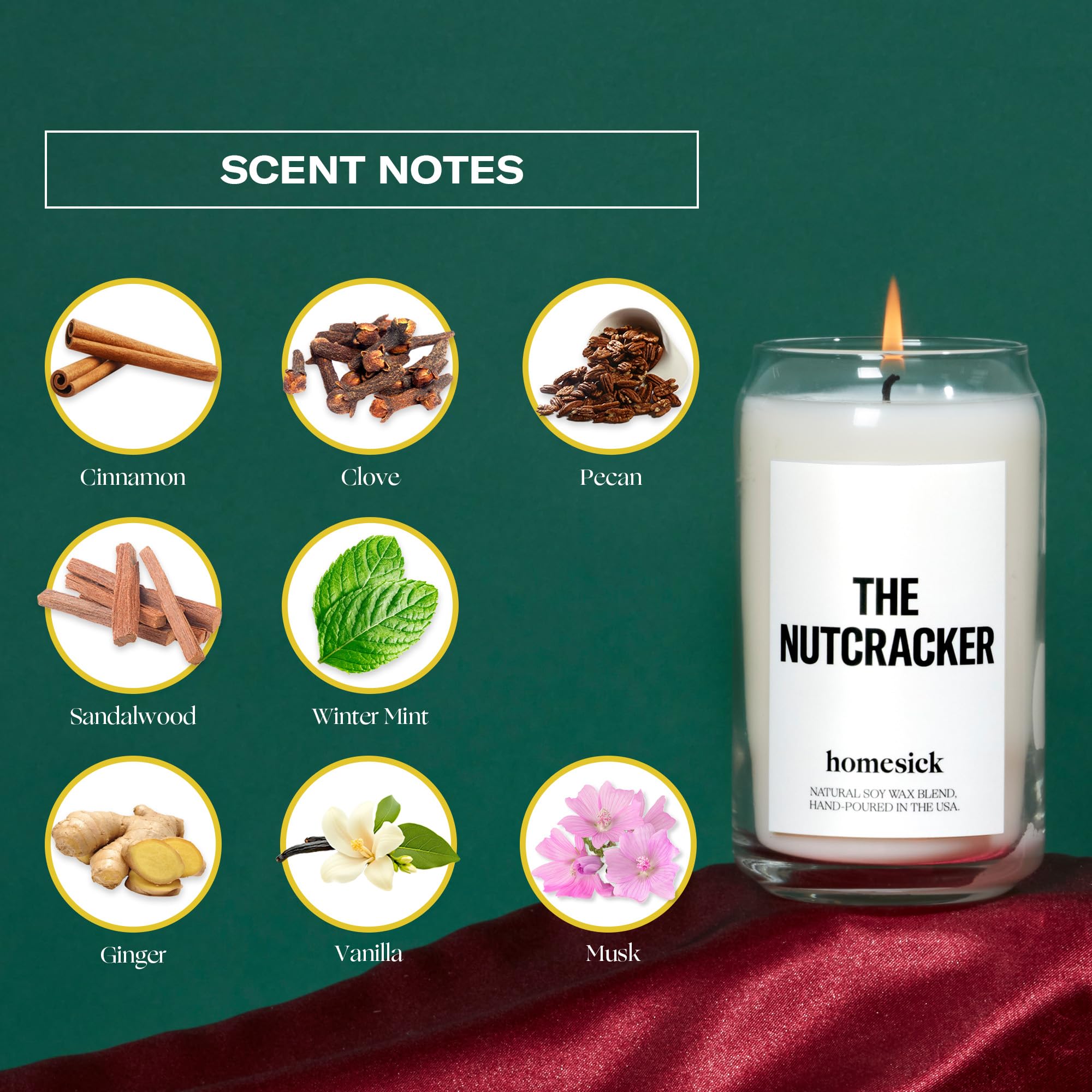 Homesick The Nutcracker Bougie parfumée de qualité supérieure – Senteurs de cannelle, clou de girofle, noix de pécan, 400 g, combustion de 60 à 80 heures, mélange de soja naturel, décoration