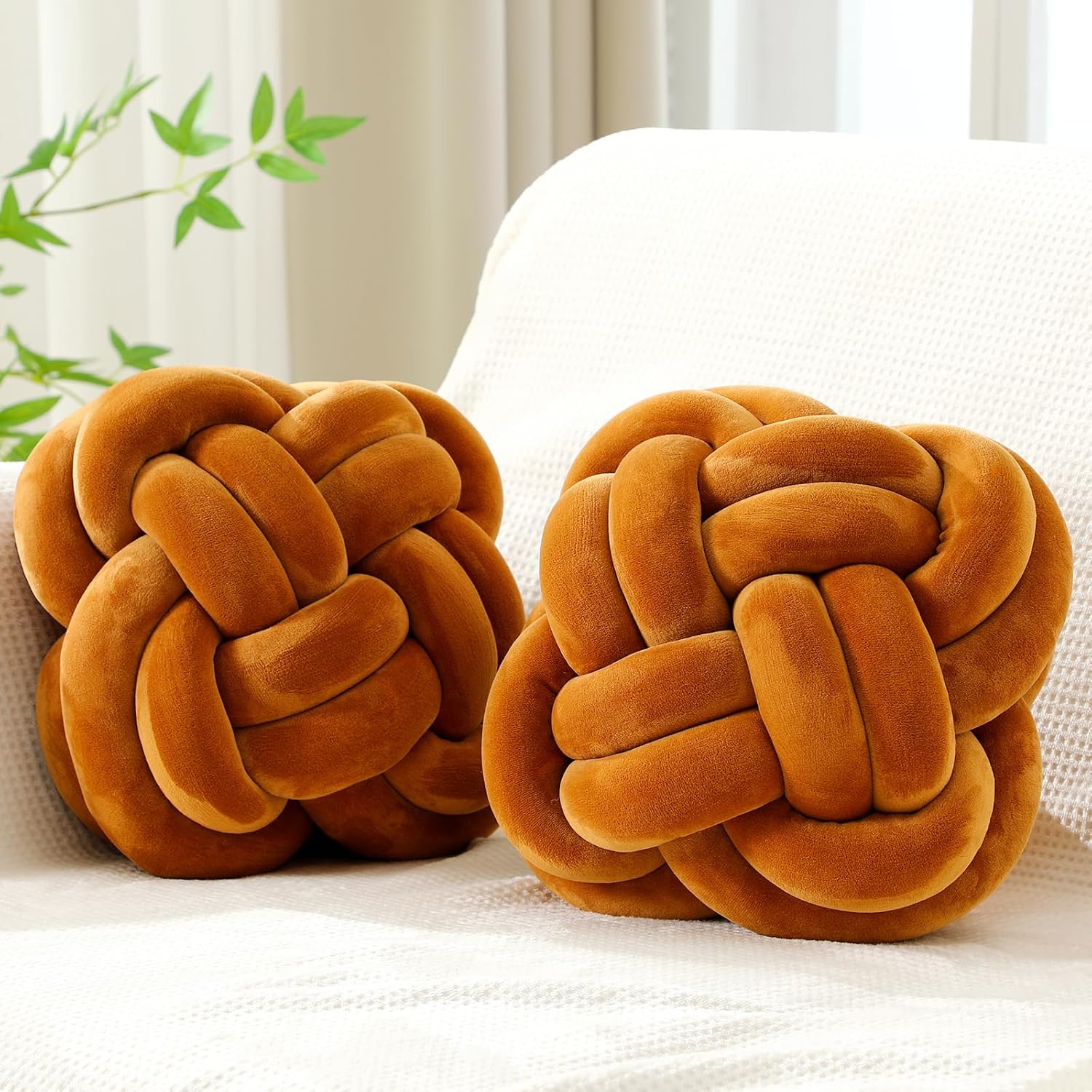 2 Pcs Knot Pillow Balls Set, 12 Inch Soft Decorative Throw Knot Pillow Ball, Large Square Knotted Floor Cushion for Living Room Bedroom Sofa Couch Bed Home Decoration(Caramel Brown)