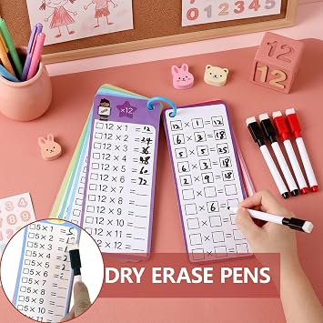2 PCS Multiplication Time Tables Flash Cards, 0-12 Times Table Math Flash Cards with 4 Dry Erase Pens, Math Practice Cards with Black and Red Pens for Classroom Learning