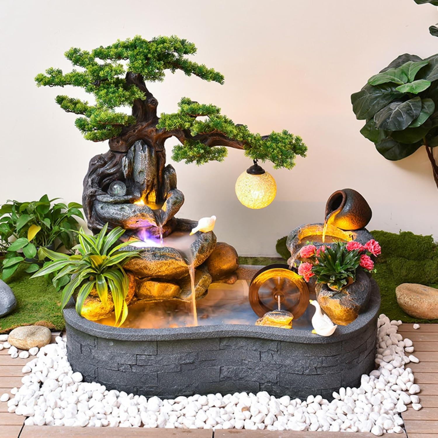 Resin Bonsai Water Fountain with Mist Light and Fish Pond | Indoor Outdoor Lightweight Garden Decor Housewarming Gift Garden,Entryway Decor (Large)(Large)
