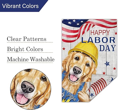 Miniatura 5 de Louise Maelys Bandera de jardín con texto en inglés Happy Labor Day de doble cara vertical, arpillera pequeña Golden Retriever para perro, jardín,