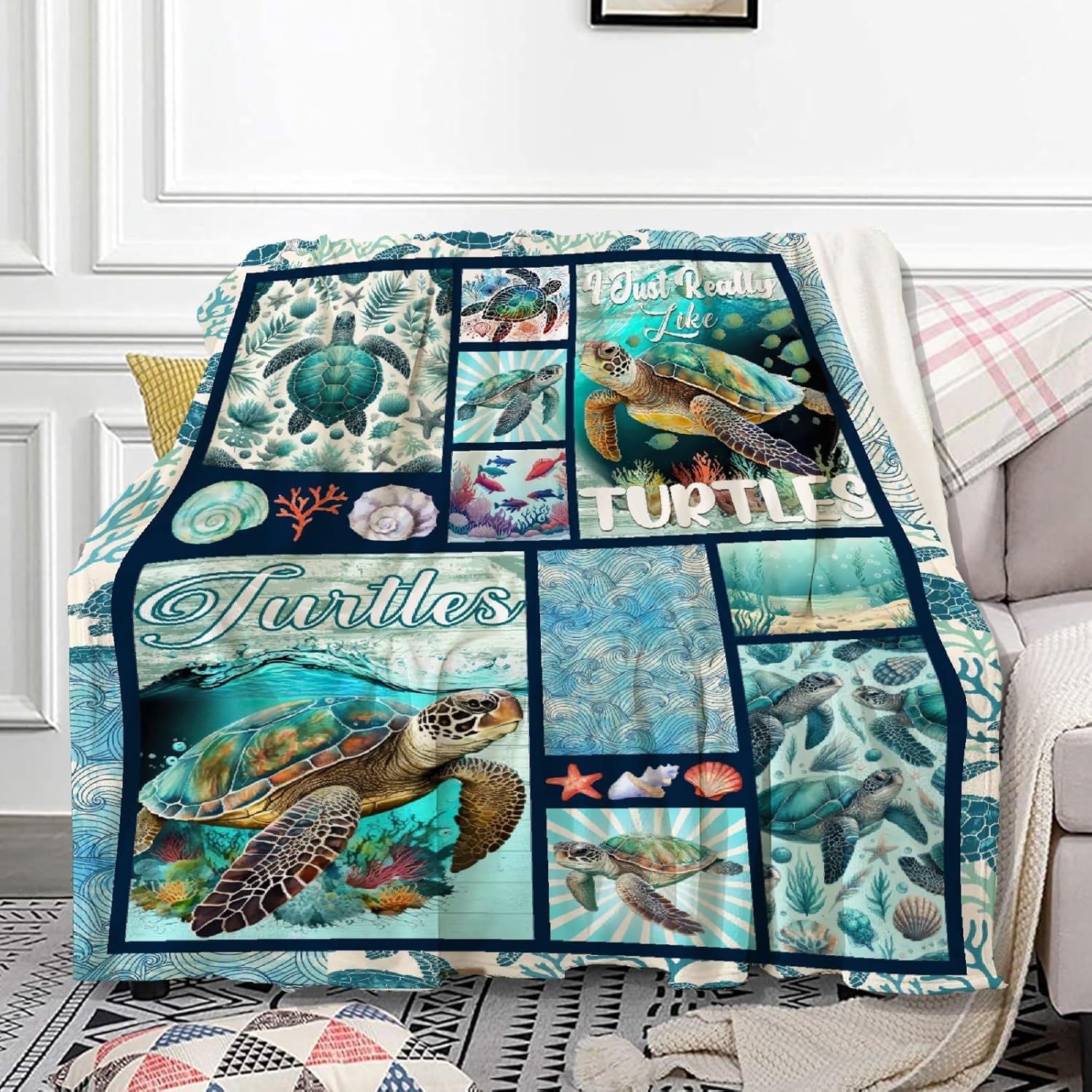 Sea Turtle Blanket for Girls Boys I Just Really Like Turtle Gifts for Women Adults Lightweight Soft Throw Blanket for Bedding Sofa Traveling Camping 60x80inches