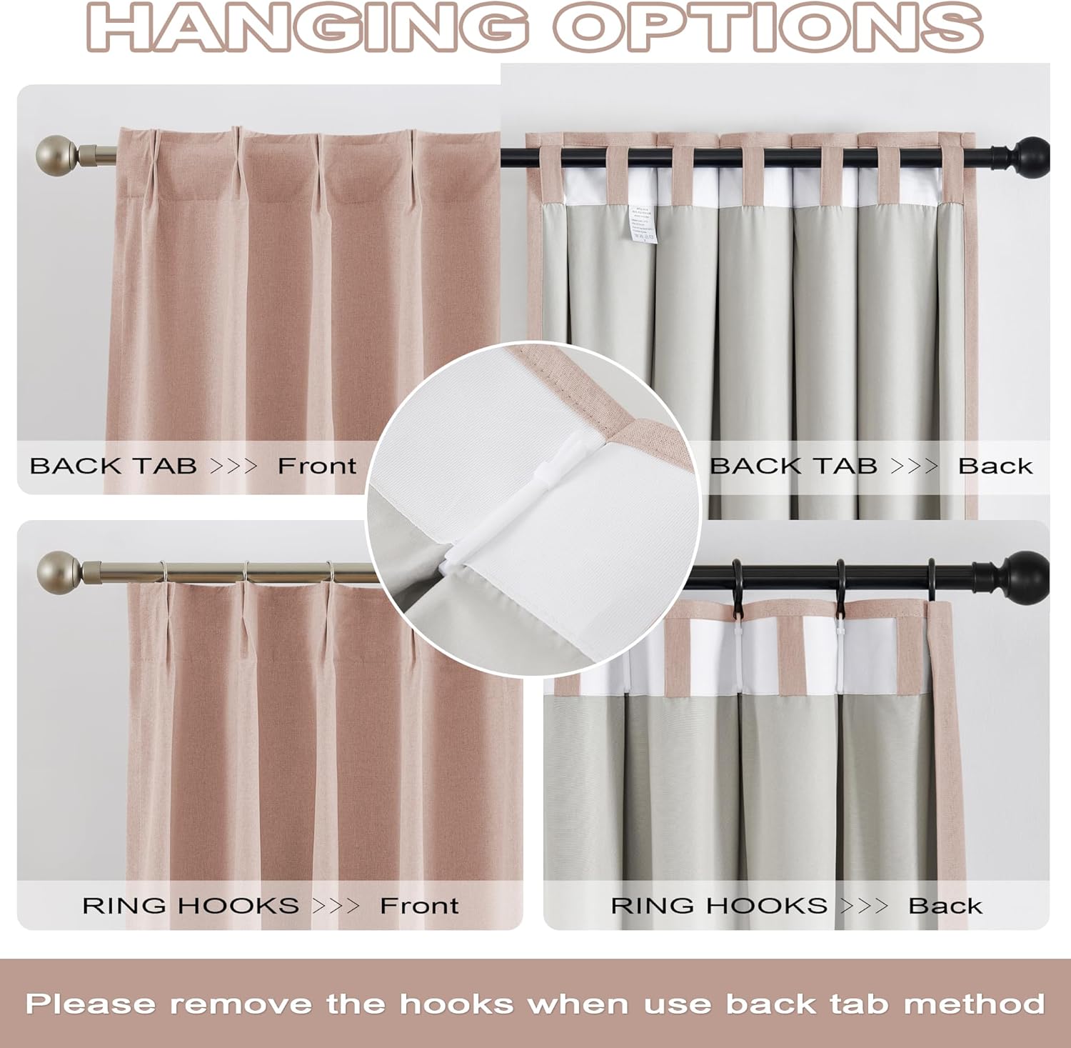 Cute Dusty Pink Blackout Linen Curtains 105 Inches Long - Rose Blush Pinch Pleat Track Curtains Blackout with Hooks Viral Pleat Drapes for Girls Bedroom Nursery,50 by 105 Inch, 2 Panels, Back Tab