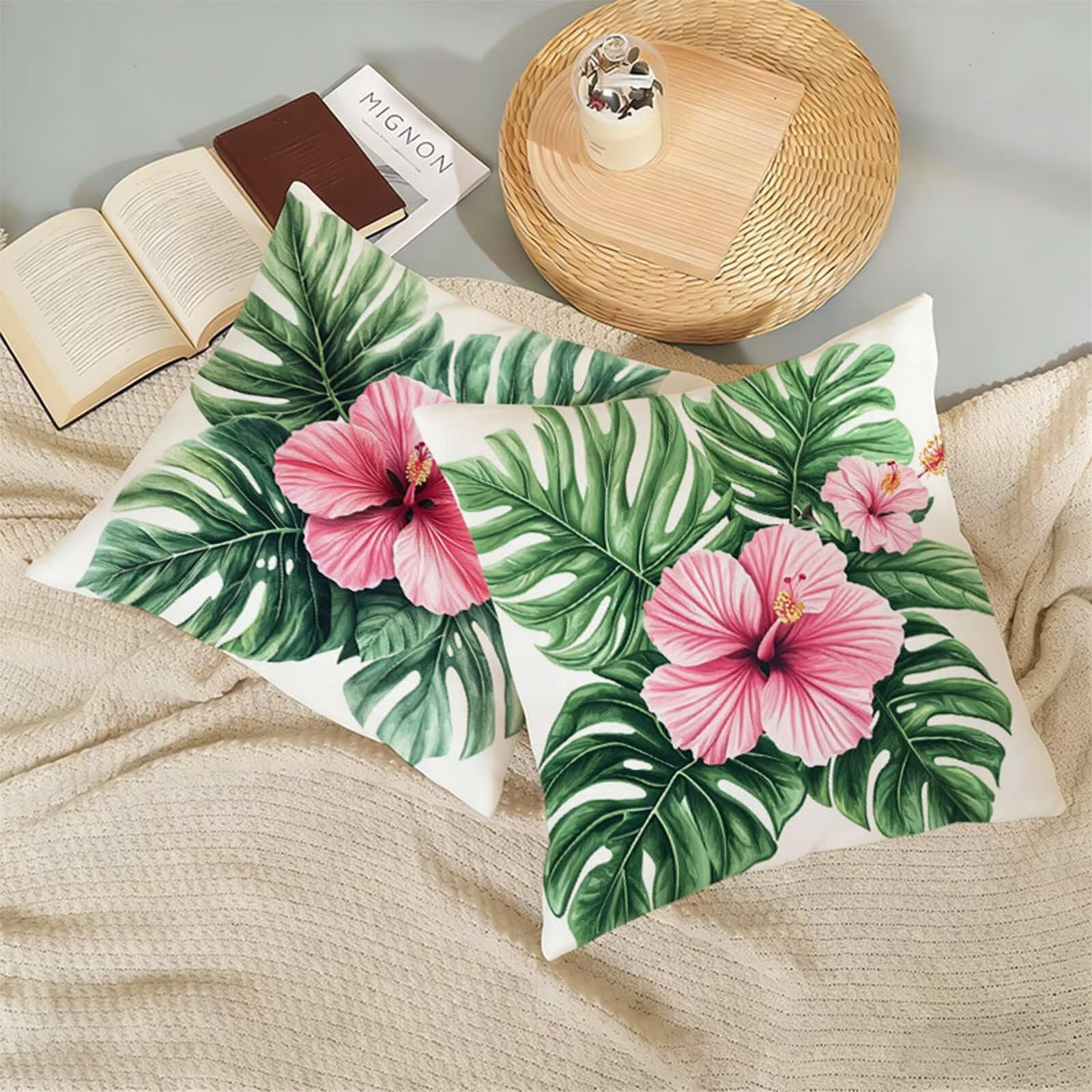 Fundas Cojines 80 x 80 CM Flor Juego de 2,Impermeable Exterior Funda Cojin Lino,Cómodo Transpirables,Antimanchas y Durable Funda de Cojines Rural para Primavera Salón,Dormitorio Decoración Hogar X-348