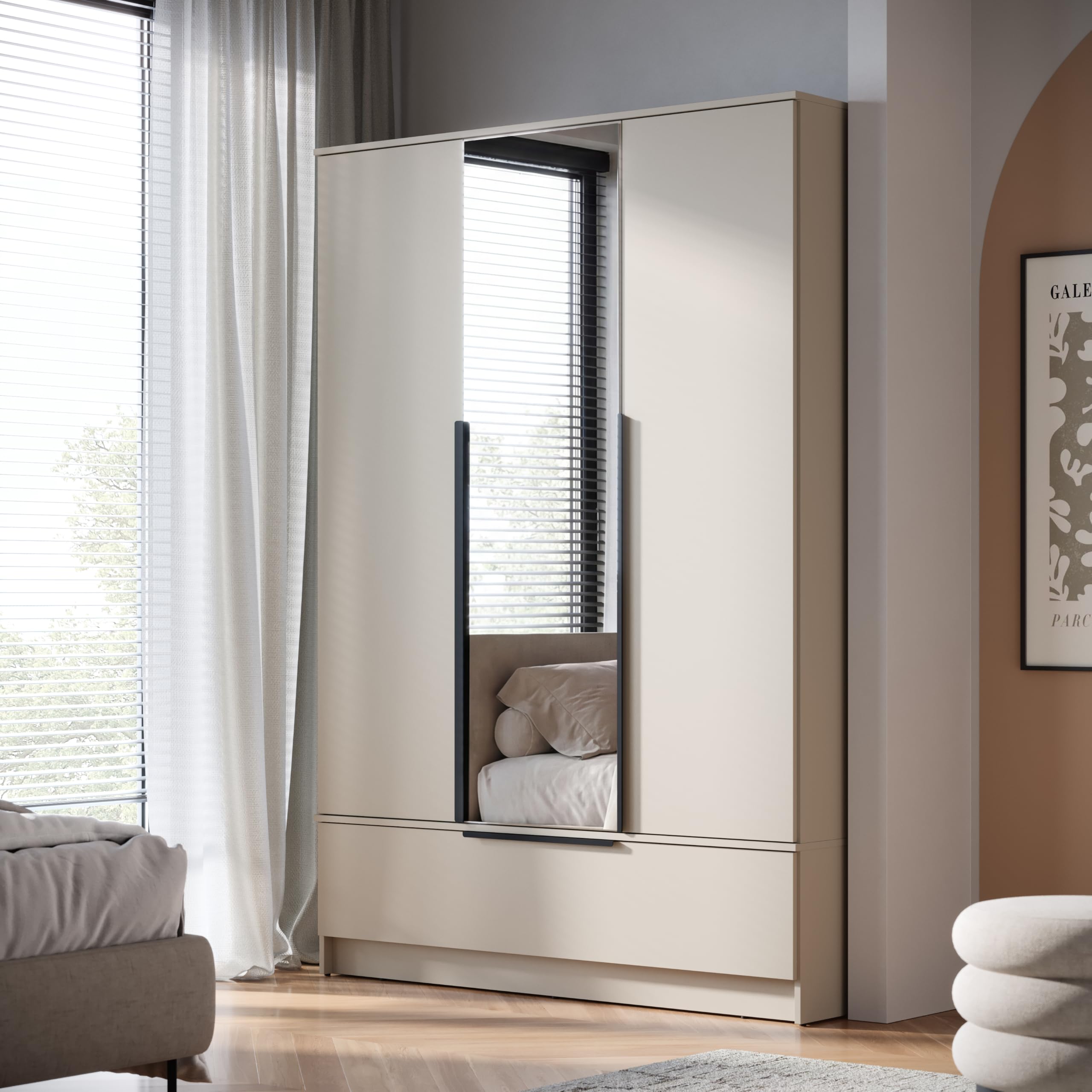 Armarios Dormitorio Alto de 3 Puertas Spirit - Largo de 193 x 135 cm - Armario Ropero para el Salón, la Habitación - Roperos de Dormitorio con Espejo