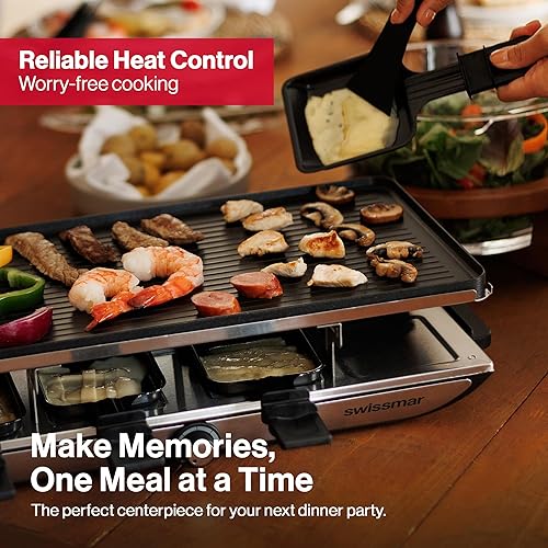 Miniatura 7 de Swissmar Geneva Raclette Grill con parrilla reversible de aluminio fundido, perfecta para exterior e interior, parrilla eléctrica Raclette