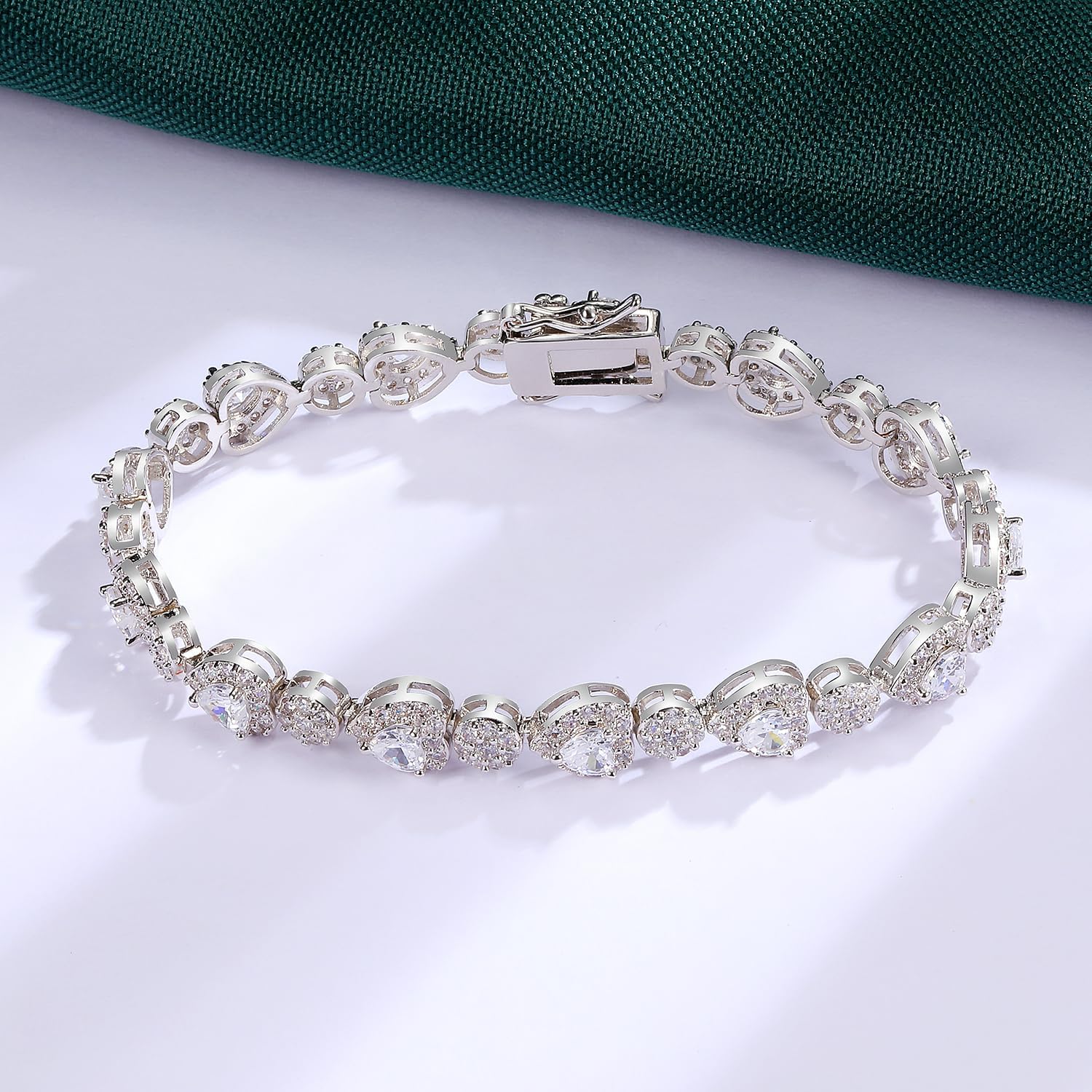 MDFUN 18K White Gold Halo Tennis Bracelet for Women Heart and Round Cubic Zirconias, Size 8 inches - Image 2