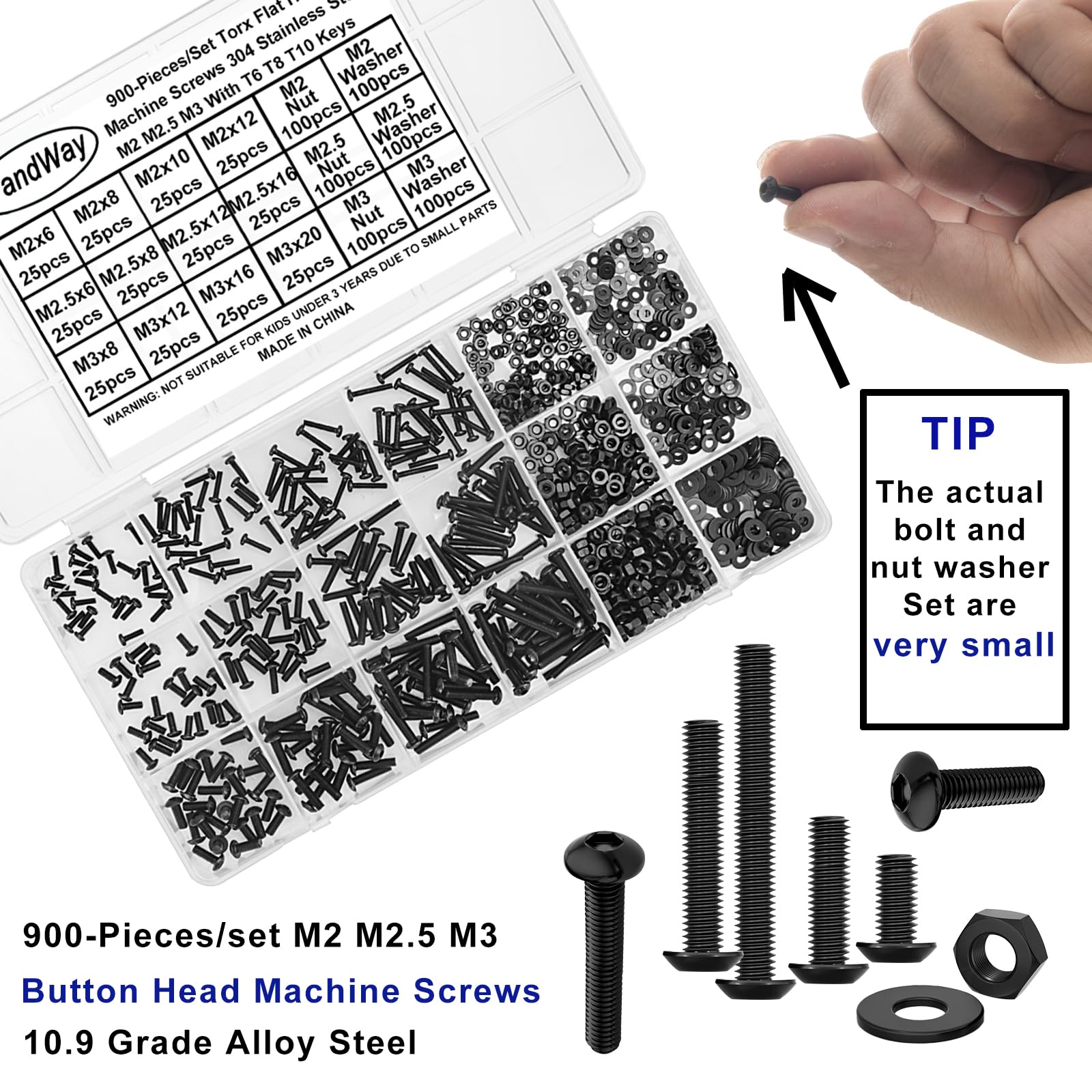 FandWay 900Pcs Bolts and Nuts Set,M2 M2.5 M3 Button Head Machine Screws,ISO 7380 Allen Screws,10.9 Grade Alloy Steel Black Hex Bolts and Washers Set Fully Threaded With 3 Allen Key - Image 2