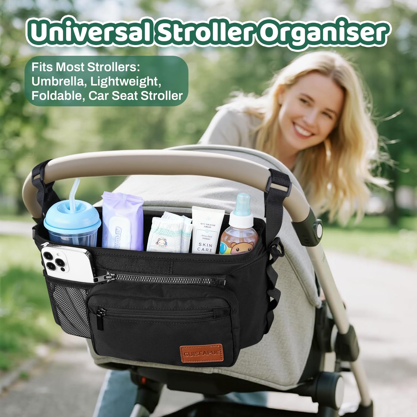 Guiseapue Pram Organiser Bag with Cup Holder: Large Capacity Pram Cup Holder with Non Slip Strap, Baby Diaper Bag Universal Pram Accessories, Baby Essentials for Newborn, Gifts for New Mum — view 3
