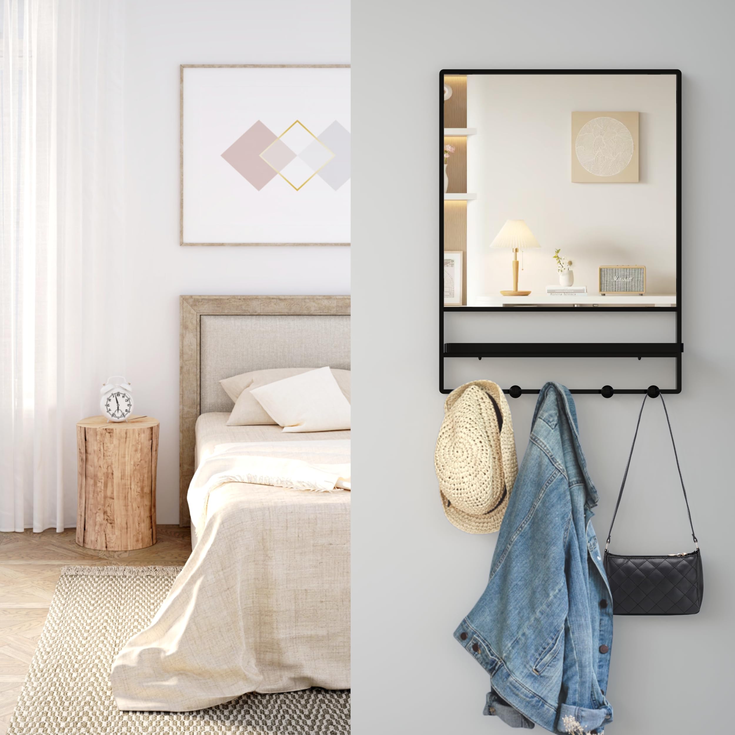 Espejo de Pared con Estante y Ganchos, Espejo de tocador con Gancho, 21 x 28 Pulgadas con Marco de Metal, Espejo Decorativo para baño, Entrada, Dormitorio, Sala de Estar (Negro, 21 x 28)