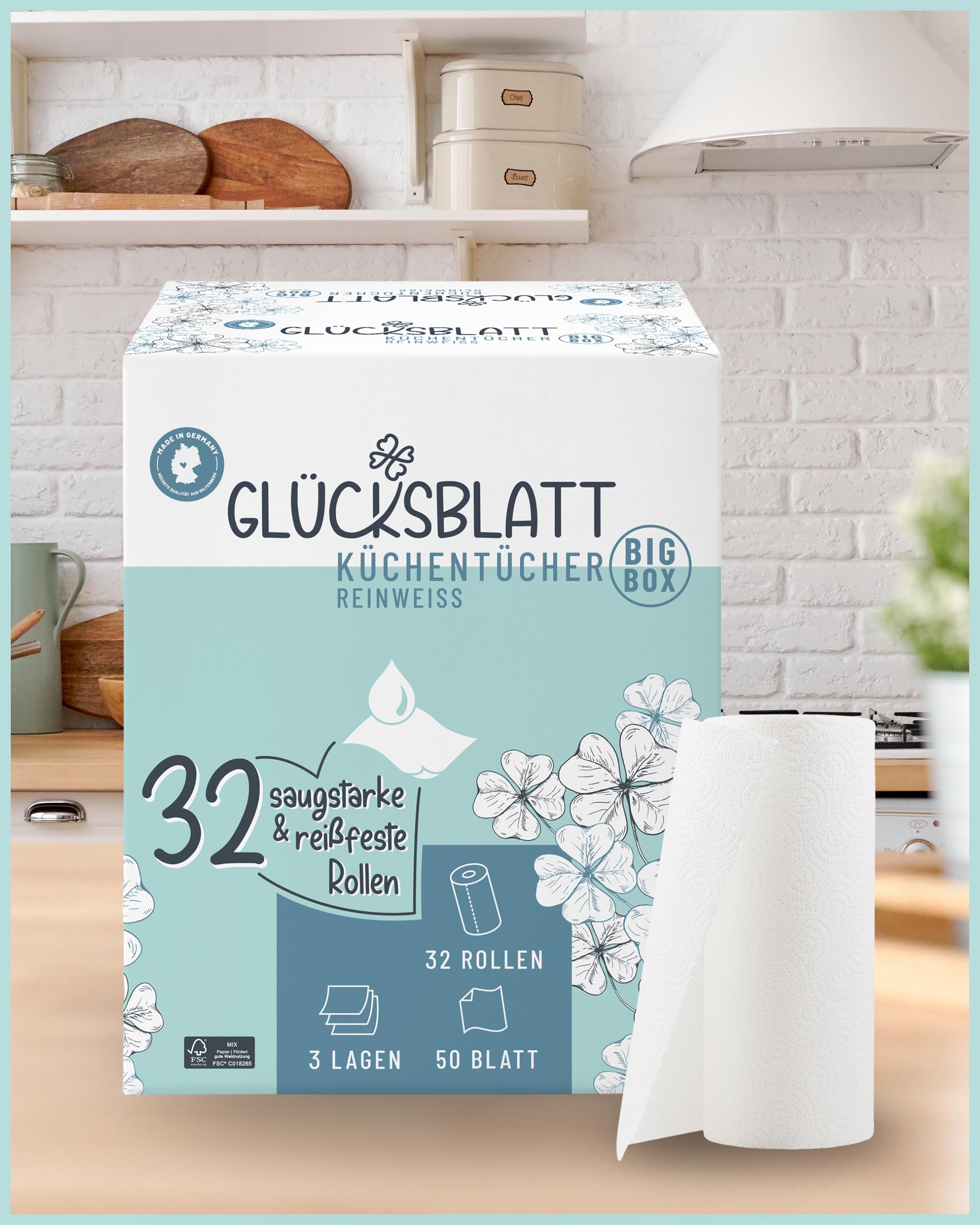 Glücksblatt Küchentücher, 32 Rollen á 50 Blatt, 3-lagige Küchenrollen Großpackung, plastikfrei, Zellstoff, Haushaltsrollen, Allzwecktücher, Papiertücher, Papierhandtücher, Küchenpapier | Saugstarkes Küchenpapier aus Frischzellstoff, 50 Blatt, extrem reißf