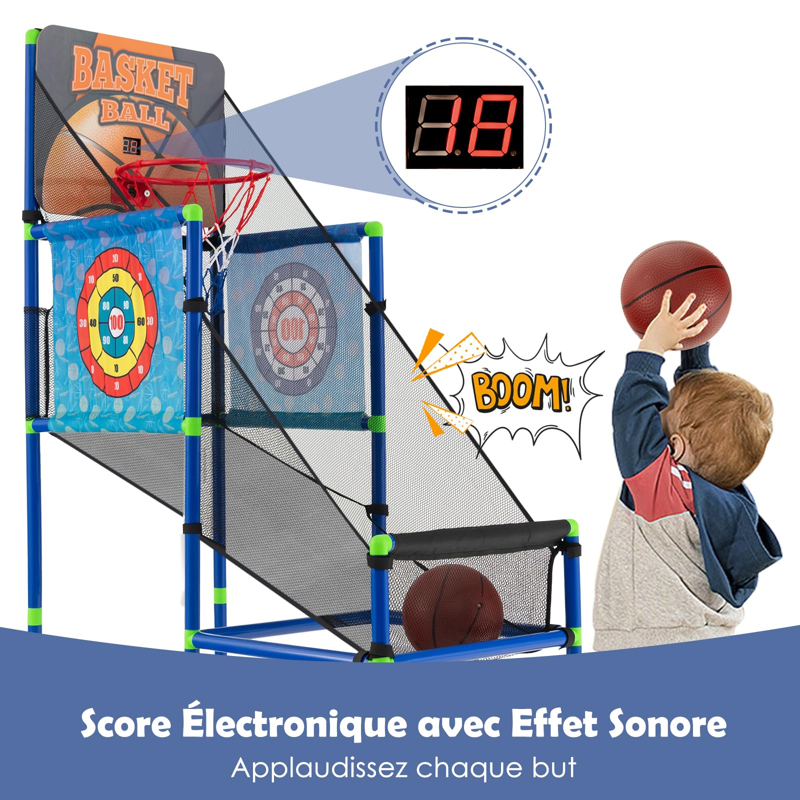 GYMAX Panier de Basket pour Enfants, Jeu de Basket et de Tir 2 en 1, avec Tableau de Score Sonore & 2 Ballons & 2 Cibles & 8 Balles & Pompe à Balle, pour Intérieur/Extérieur