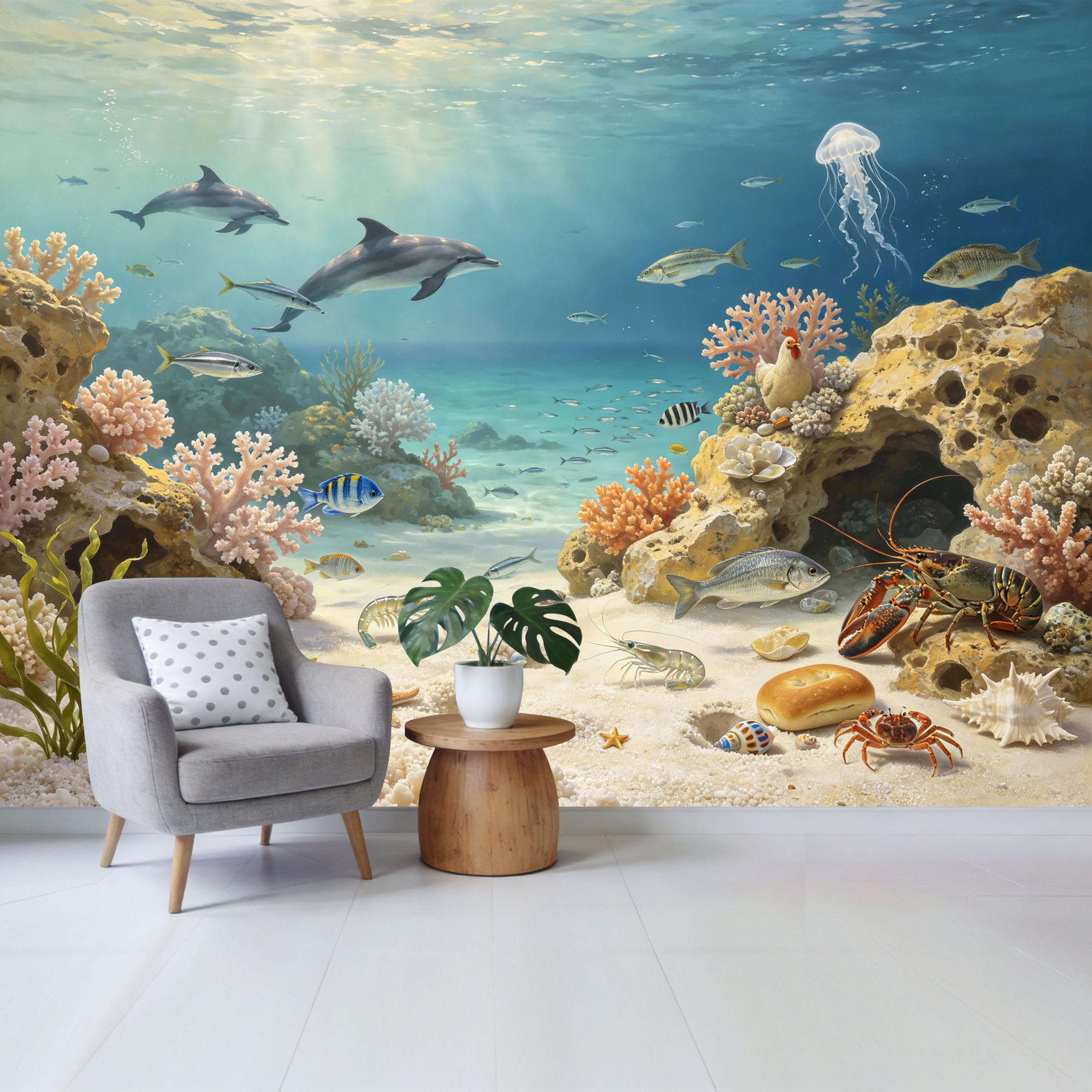 Custom Size Wall Mural Underwater Ocean World with Dolphins Tropical Fish Corals Marine Life Removable Self Adhesive Fabric， Home Wall Decor for Living Room Bedroom Bathroom