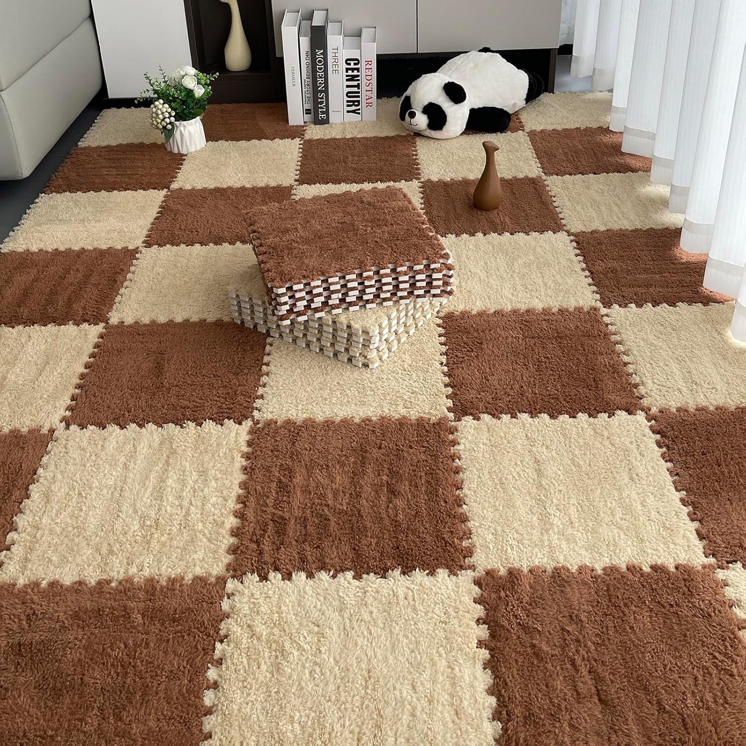 LoiYtrd Plush Foam Puzzle Mat 10pcs 30x30cm Square Interlocking Foam Tiles EVA Soft Foam Floor Mat(Apricot+Coffee)