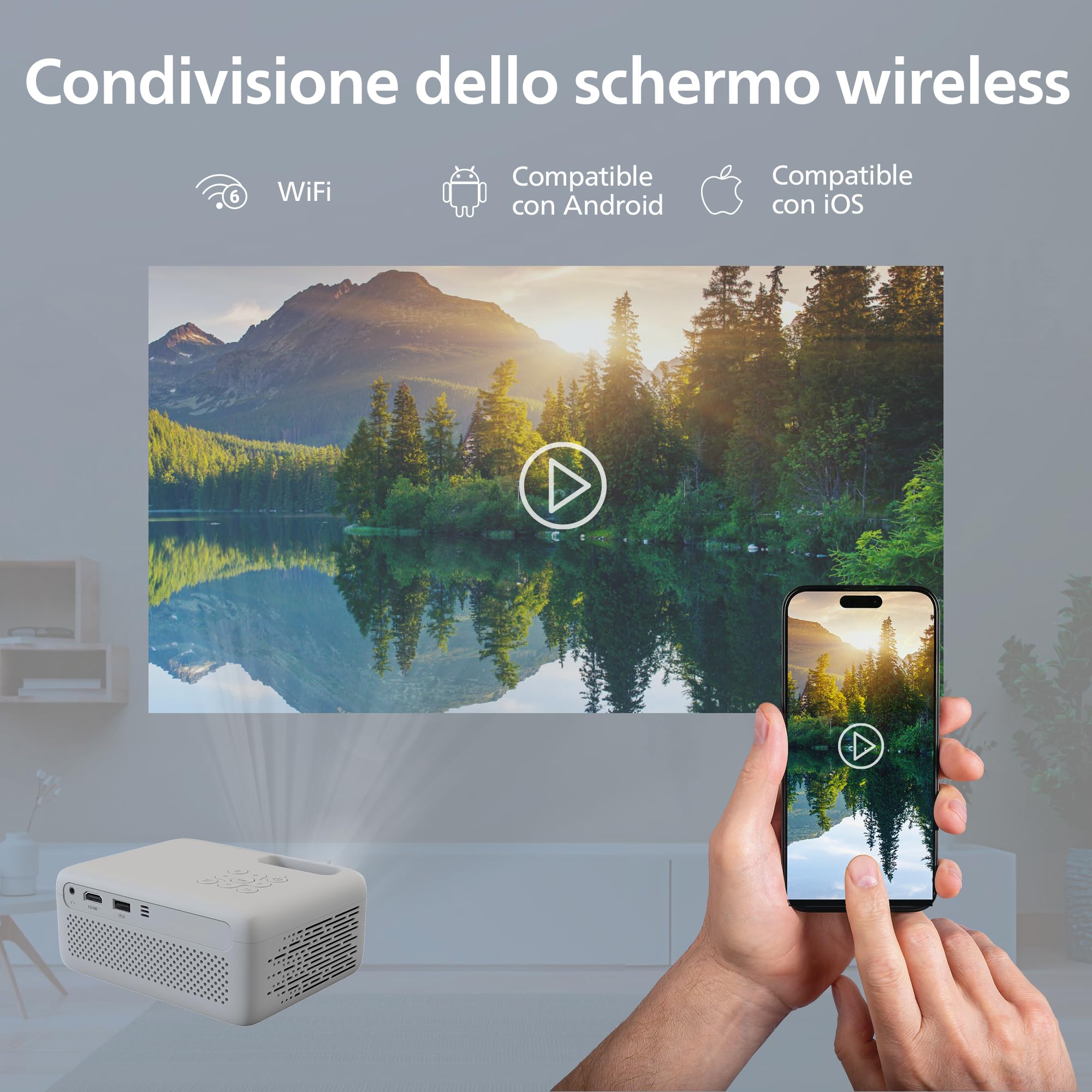 Philips NeoPix 106, proiettore portatile LCD LED, 720p, 100 ANSI lumen, schermo fino a 50", USB-C, HDMI, correzione Keystone automatica, Bianco