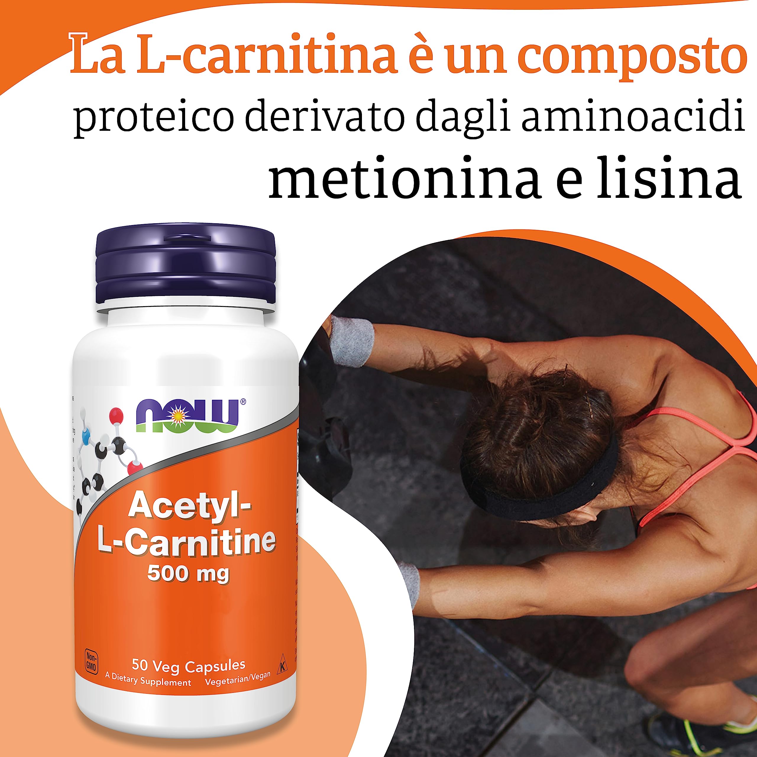 Now Foods, Acetyl-L-Carnitin, 500 mg, 50 Capsule vegan, Testato in Laboratorio, Aminoacido, Senza Glutine, Senza Soia, Vegetariano