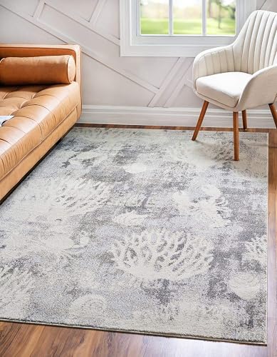 Unique Loom Positano Collection Coastal Modern Coral Lobster Shells Light Gray Area Rug (4' x 6')