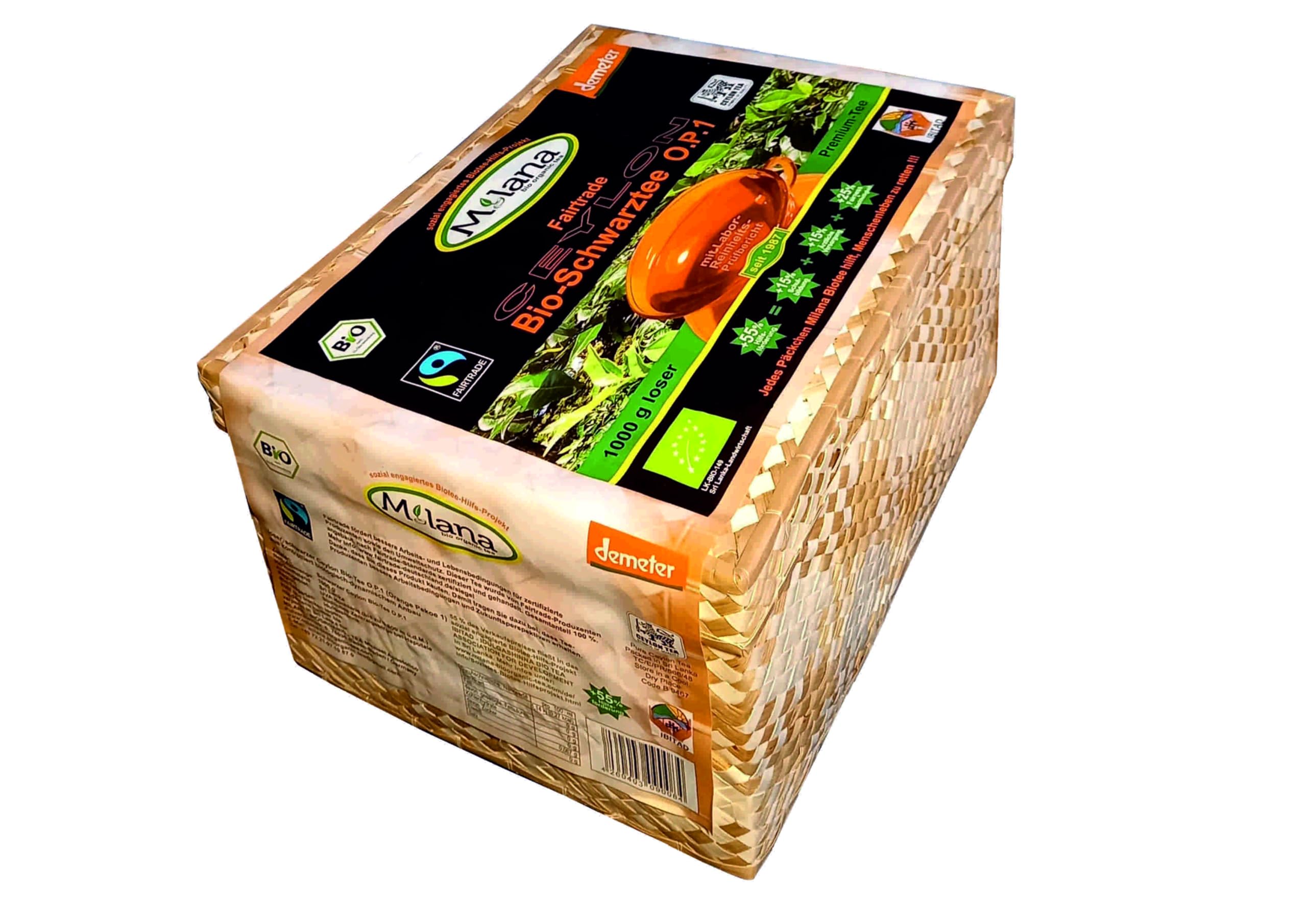 1 kg Milana CEYLON Fairtrade Demeter BIO-SCHWARZTEE LOSE OP1 Premium-Tee in HANDGEFLOCHTENEM TEEKÖRBCHEN 55% des Verkaufspreises ist SOZIALE HILFSLEISTUNG - Der Tee der nach Liebe schmeckt
