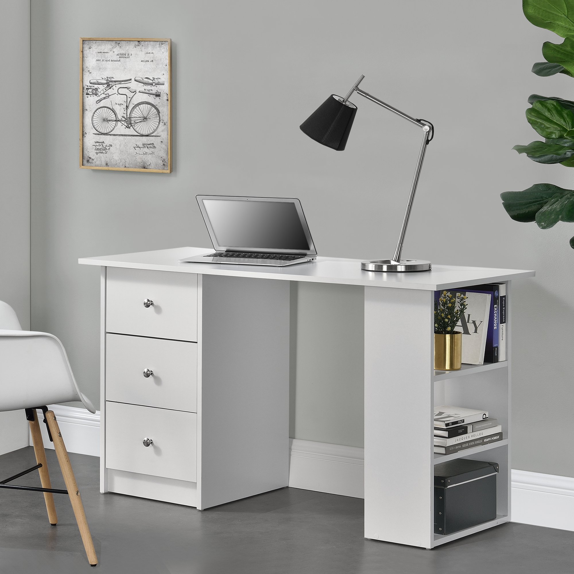 [en.casa] Scrivania con 3 Ripiani e 3 Cassetti 120 x 49 x 72 cm Tavolo da Computer PC Postazione di Lavoro Tavolo da Studio - Bianco