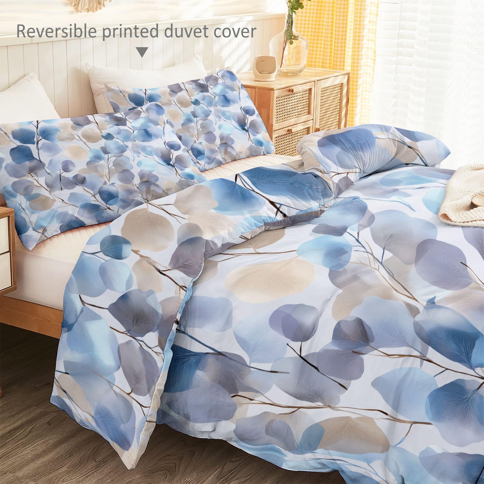 Komplet pościeli 200 x 200 cm – niebieska dziewczęca pościel dwustronna z mikrofibry, nowoczesna akwarela, liście eukaliptusa, rośliny, miękka i nie wymaga prasowania, poszewka na kołdrę z zamkiem