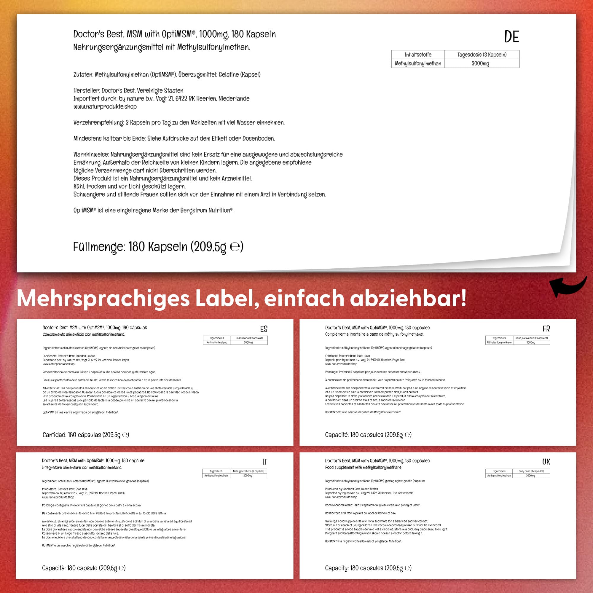 Doctor's Best, MSM mit OptiMSM, 180 Kapseln, 3000mg MSM je Dosis, Glutenfrei, GMO frei, Geschmacksneutral