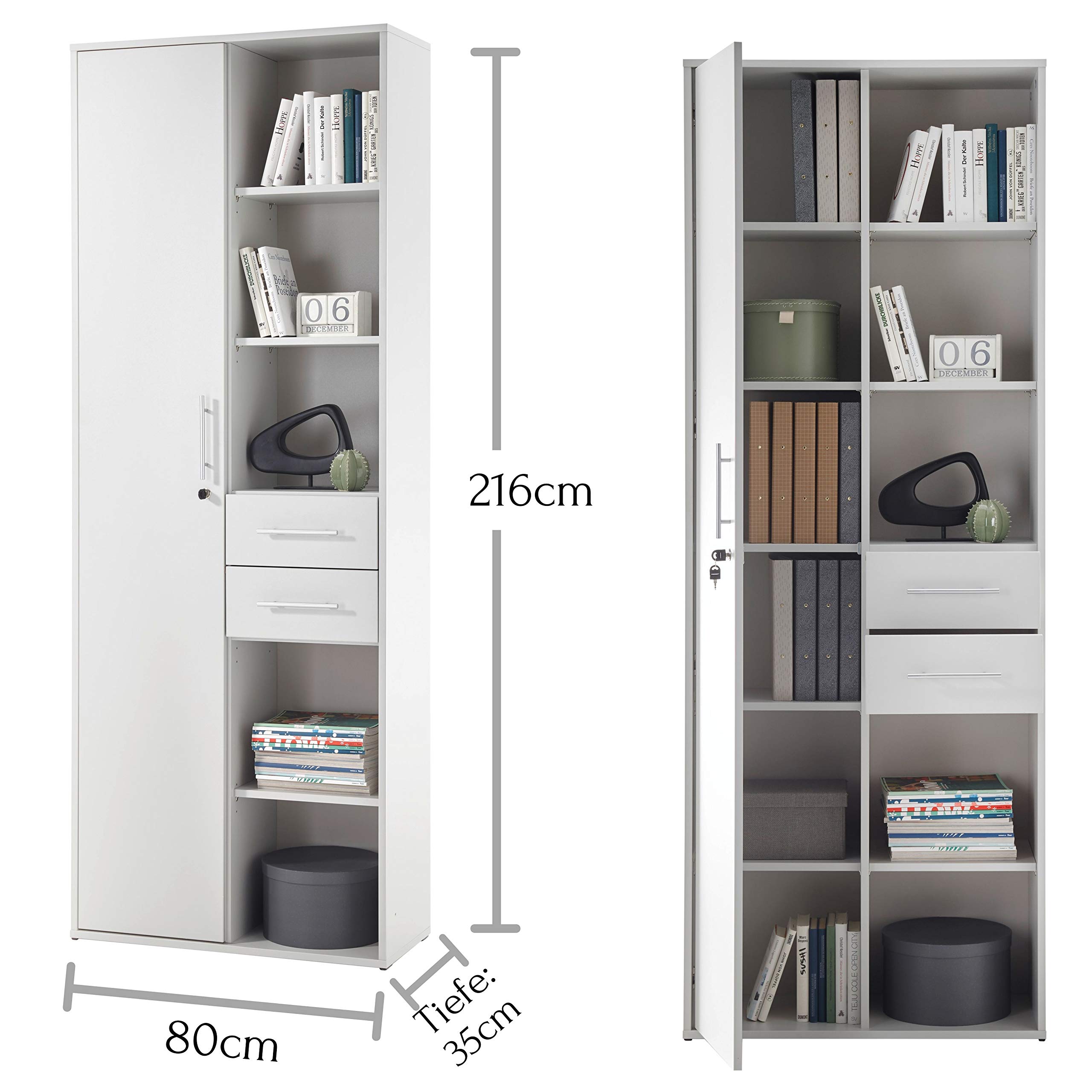 Stella Trading Pronto Étagère à dossiers verrouillable, Gris Clair - Étagère sur Pied avec Compartiments et tiroirs - Ensemble Complet de mobilier de Bureau Moderne - 80 x 216 x 35 cm (L/H/P)