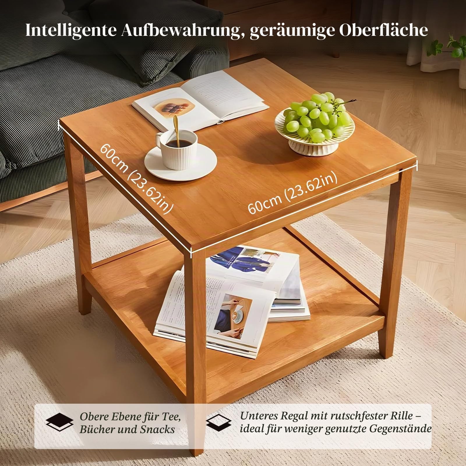Beistelltisch aus Massivholz, Quadratischer Couchtisch mit Ablage, 2-Ebenen Kaffeetisch für Wohnzimmer, Nachttisch aus Gummibaumholz, 60 x 60 x 60 cm (Natur)