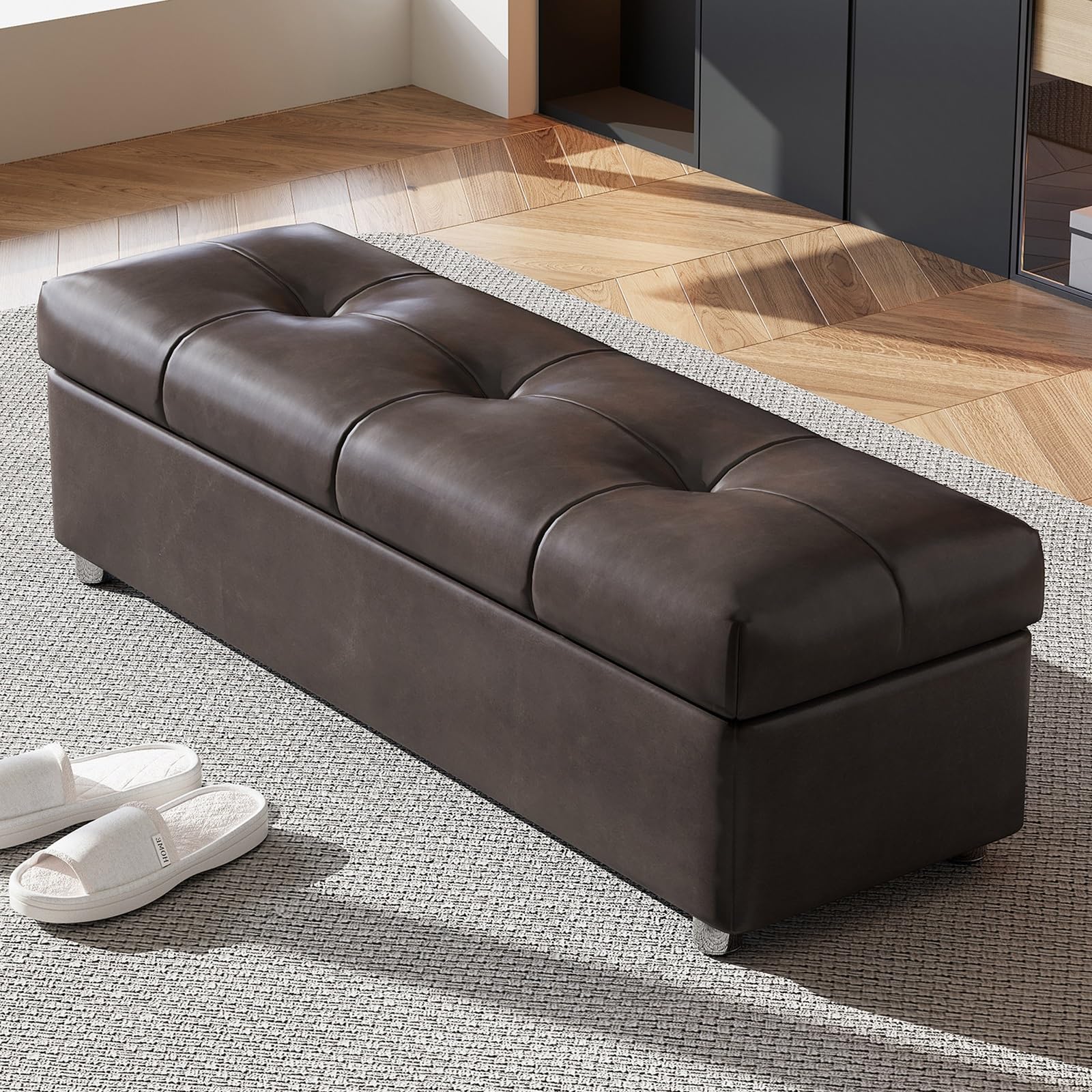 Tabouret repose-pieds multifonction avec grand coffre touffeté